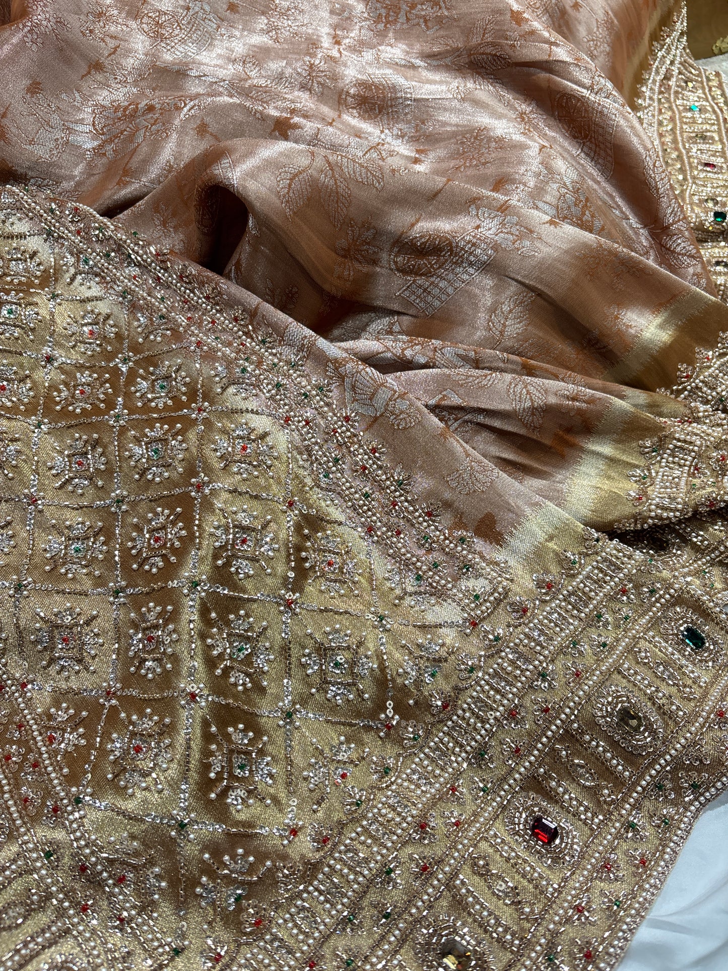 Premium Brown Silk Saree with Heavy Pearl & Stone Embroidered Border