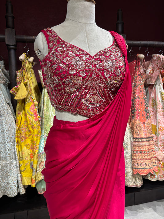Hot Pink Designer Drape Saree with Heavily Embellished Crystal Work Blouse