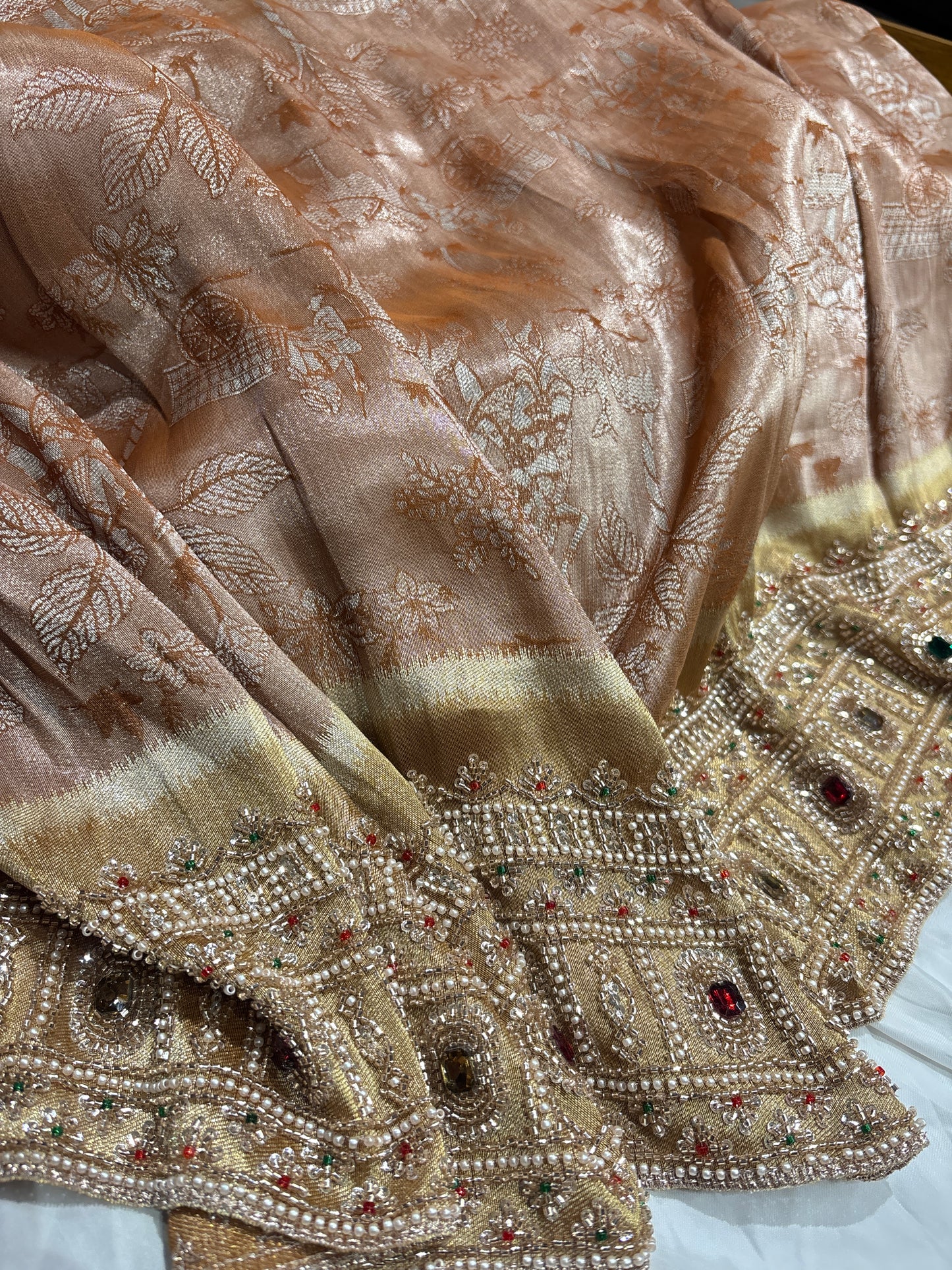 Premium Brown Silk Saree with Heavy Pearl & Stone Embroidered Border