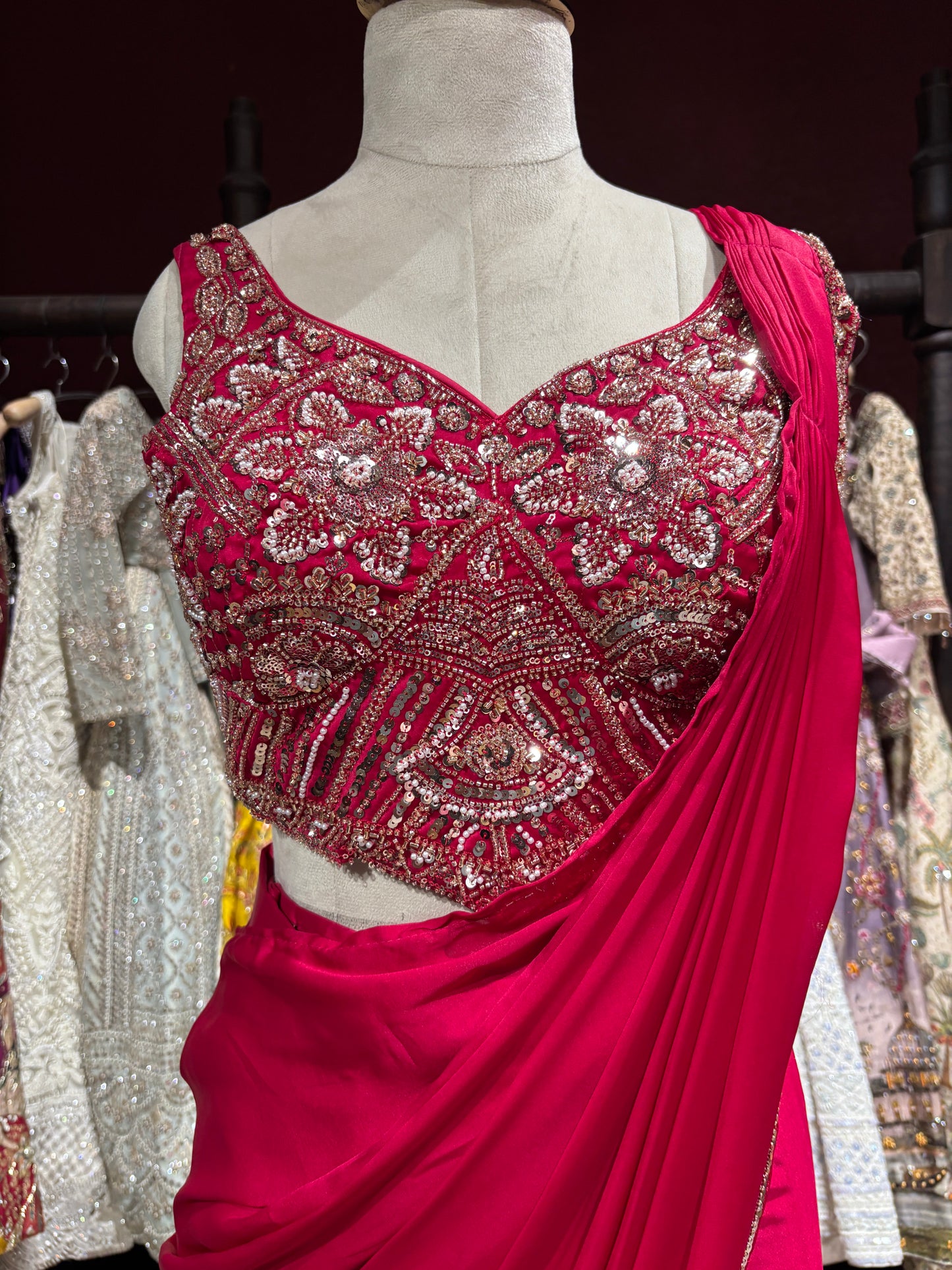 Hot Pink Designer Drape Saree with Heavily Embellished Crystal Work Blouse