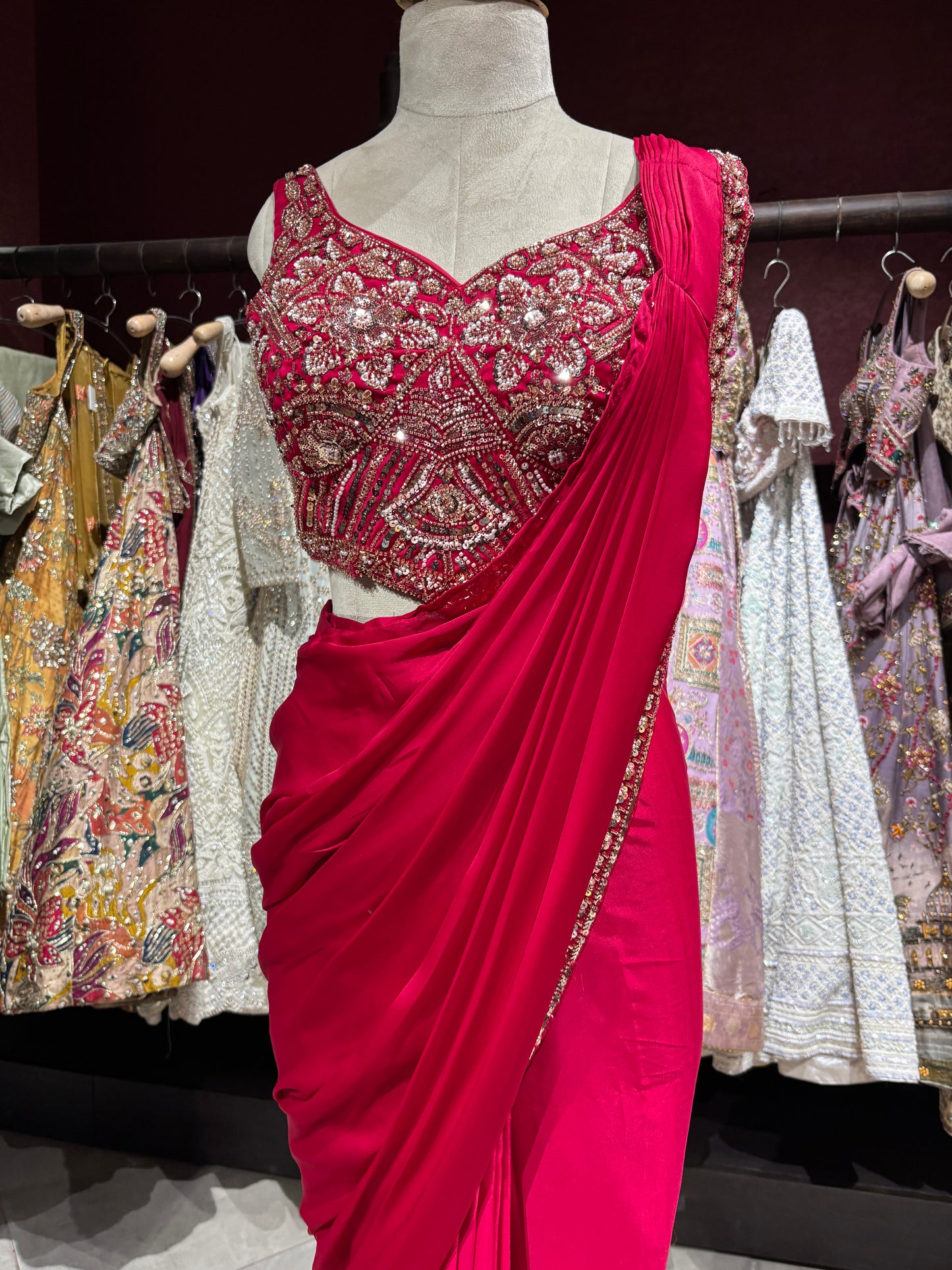Hot Pink Designer Drape Saree with Heavily Embellished Crystal Work Blouse