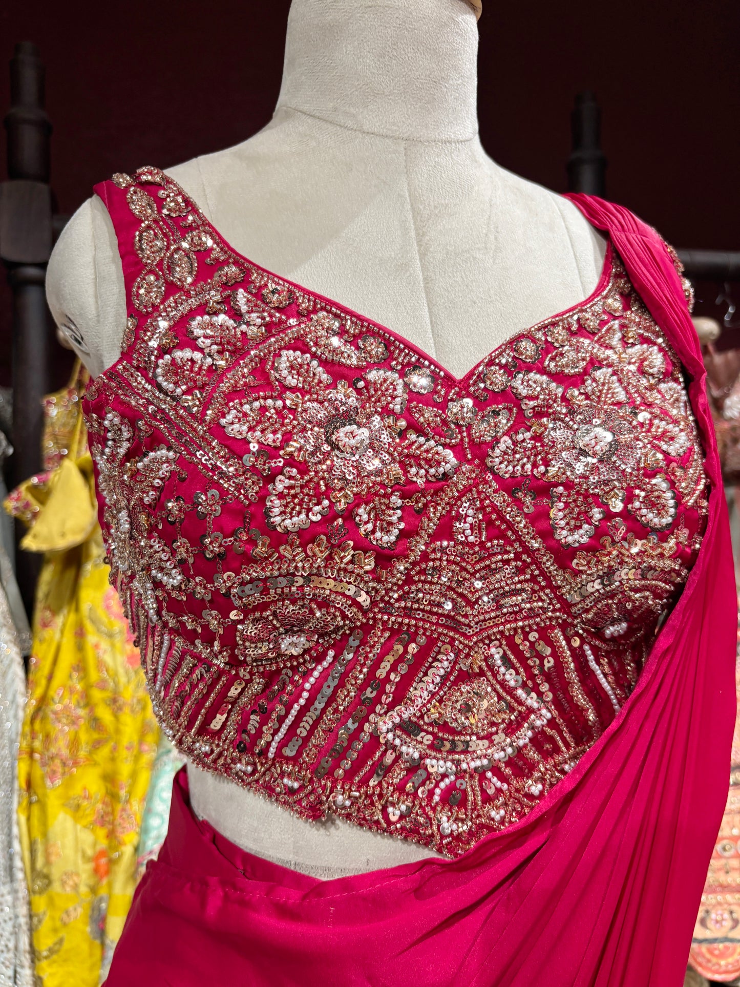 Hot Pink Designer Drape Saree with Heavily Embellished Crystal Work Blouse