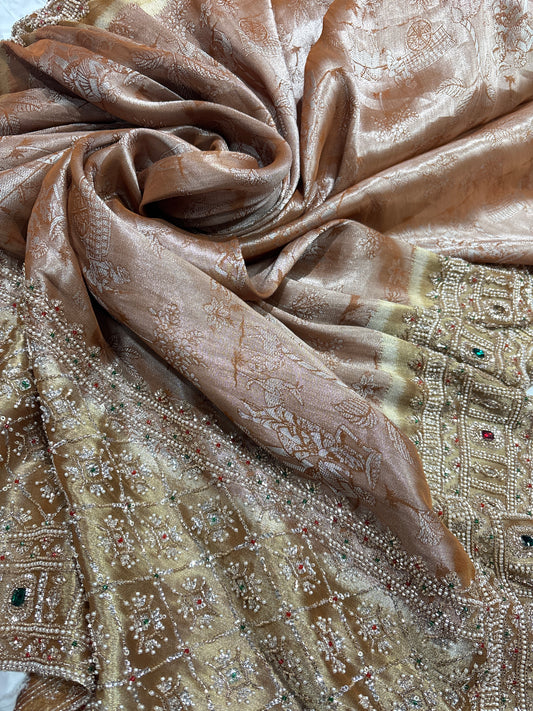 Premium Brown Silk Saree with Heavy Pearl & Stone Embroidered Border