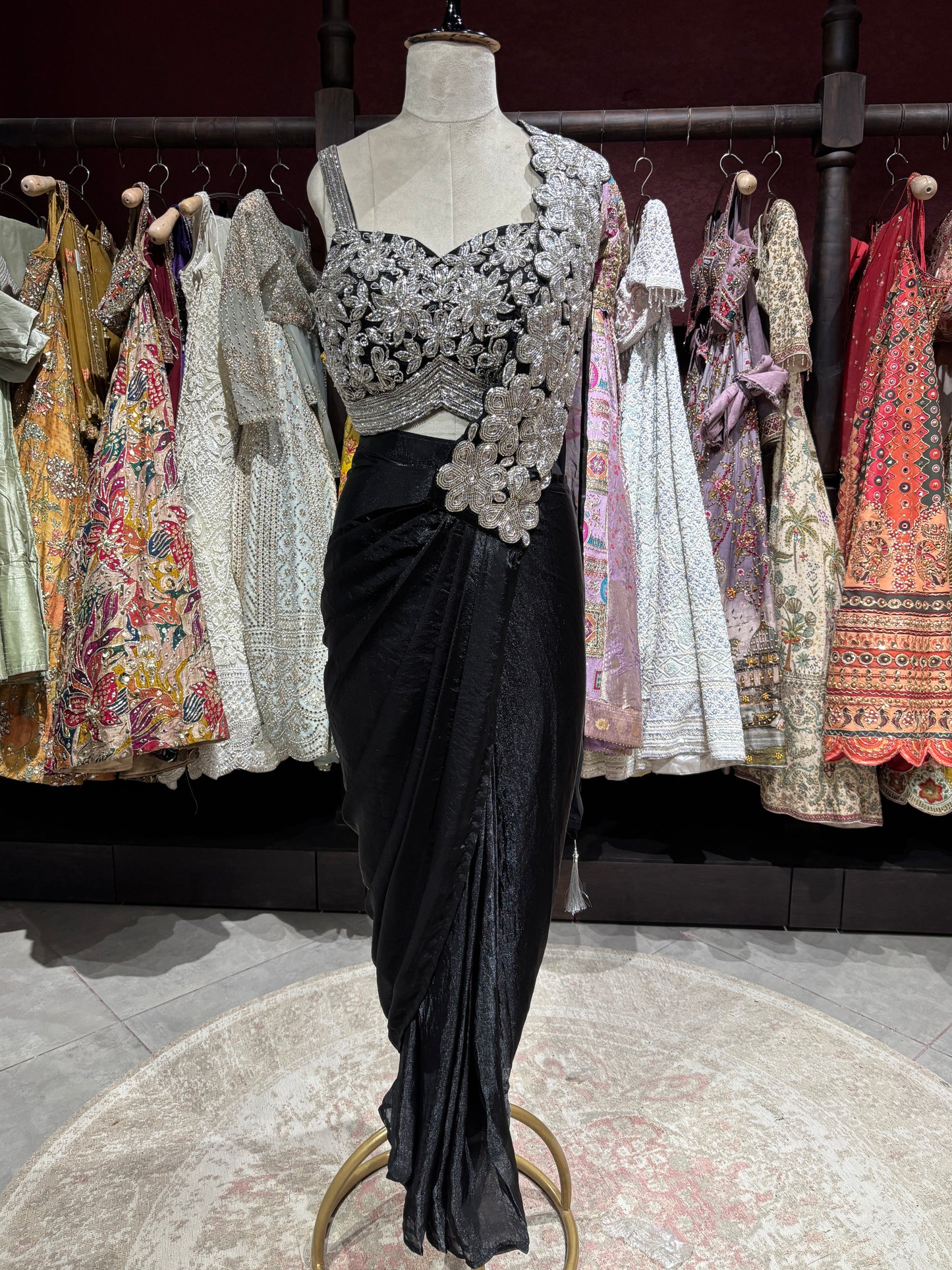 Black Designer Drape Saree with Silver Floral Embroidered Blouse
