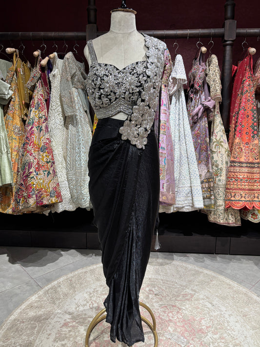 Black Designer Drape Saree with Silver Floral Embroidered Blouse