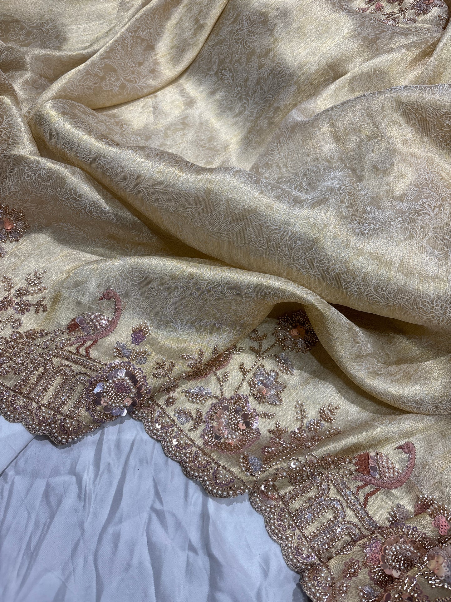 Elegant Ivory Silk Saree with Peacock & Floral Hand Embroidery