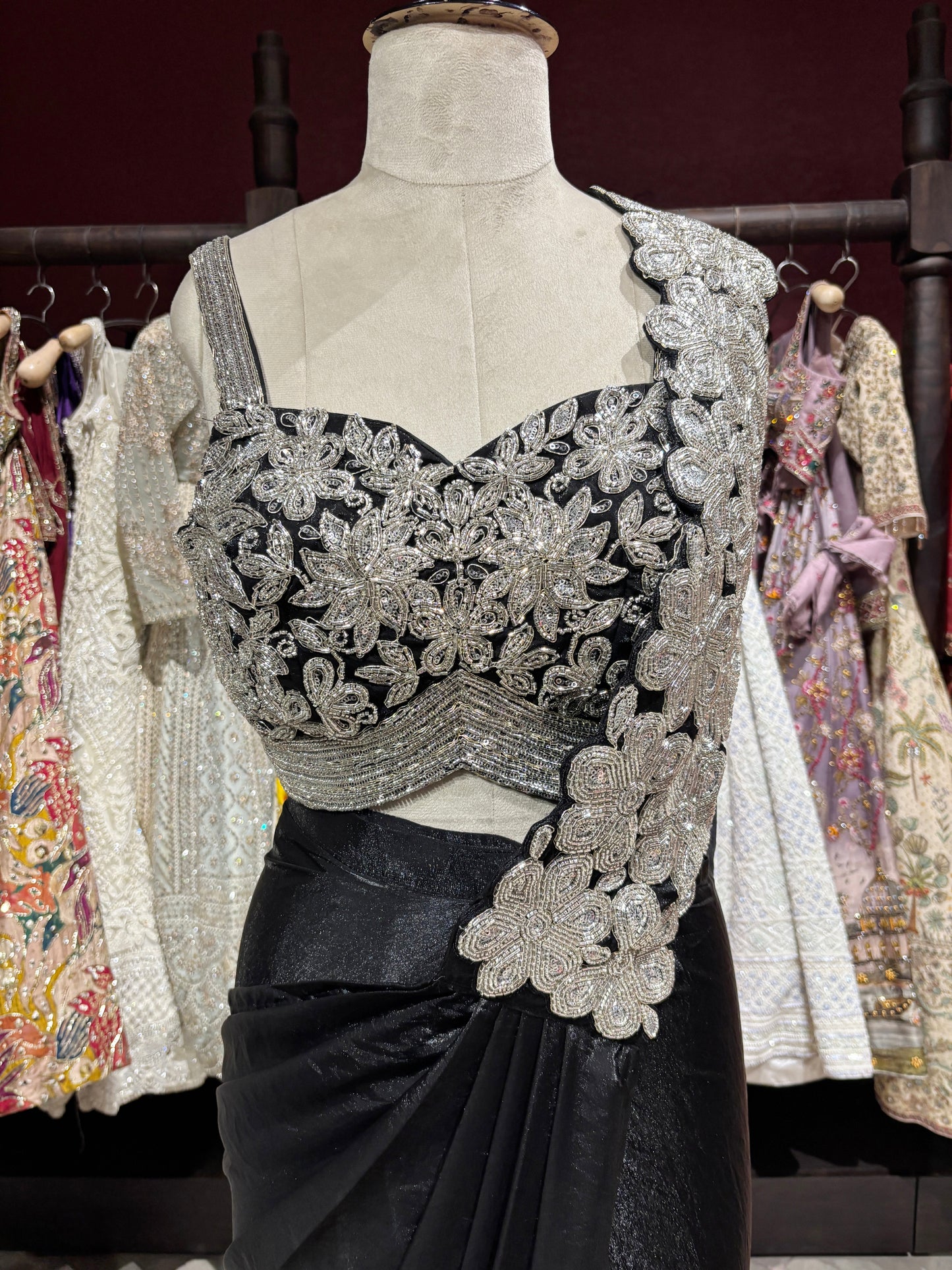 Black Designer Drape Saree with Silver Floral Embroidered Blouse