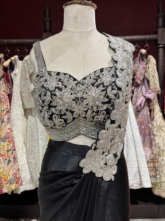Black Designer Drape Saree with Silver Floral Embroidered Blouse