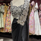 Black Designer Drape Saree with Silver Floral Embroidered Blouse