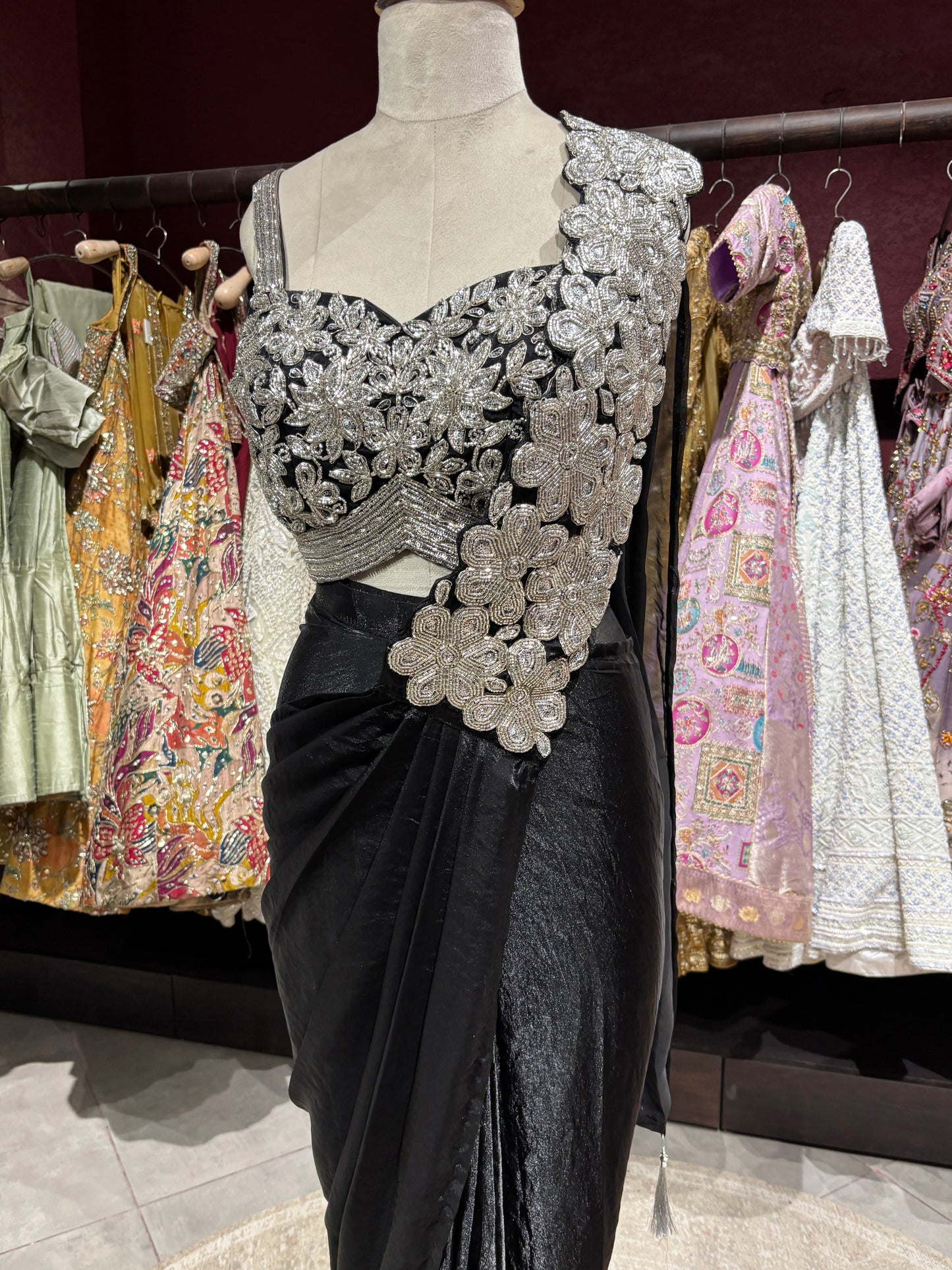 Black Designer Drape Saree with Silver Floral Embroidered Blouse