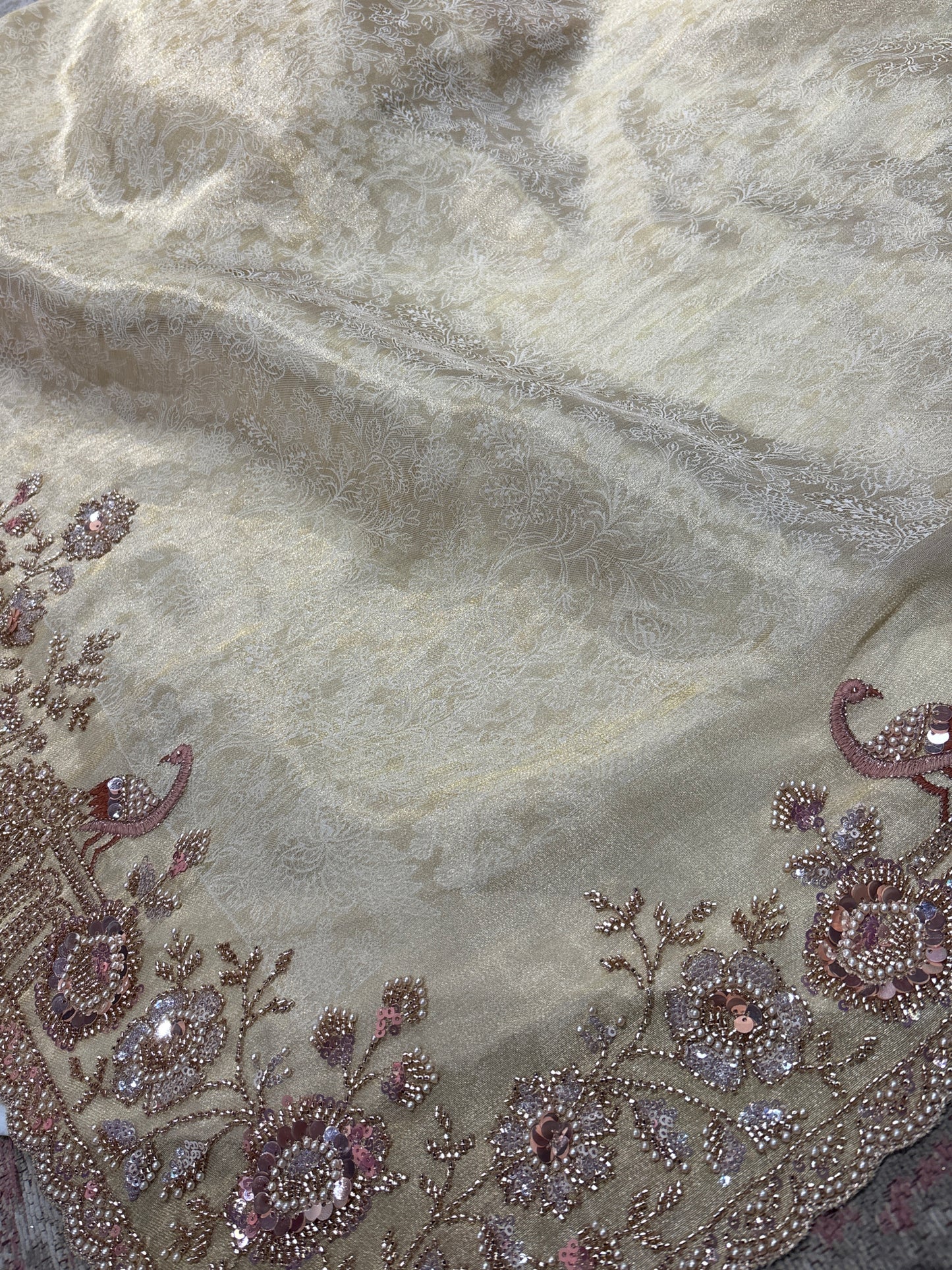 Elegant Ivory Silk Saree with Peacock & Floral Hand Embroidery