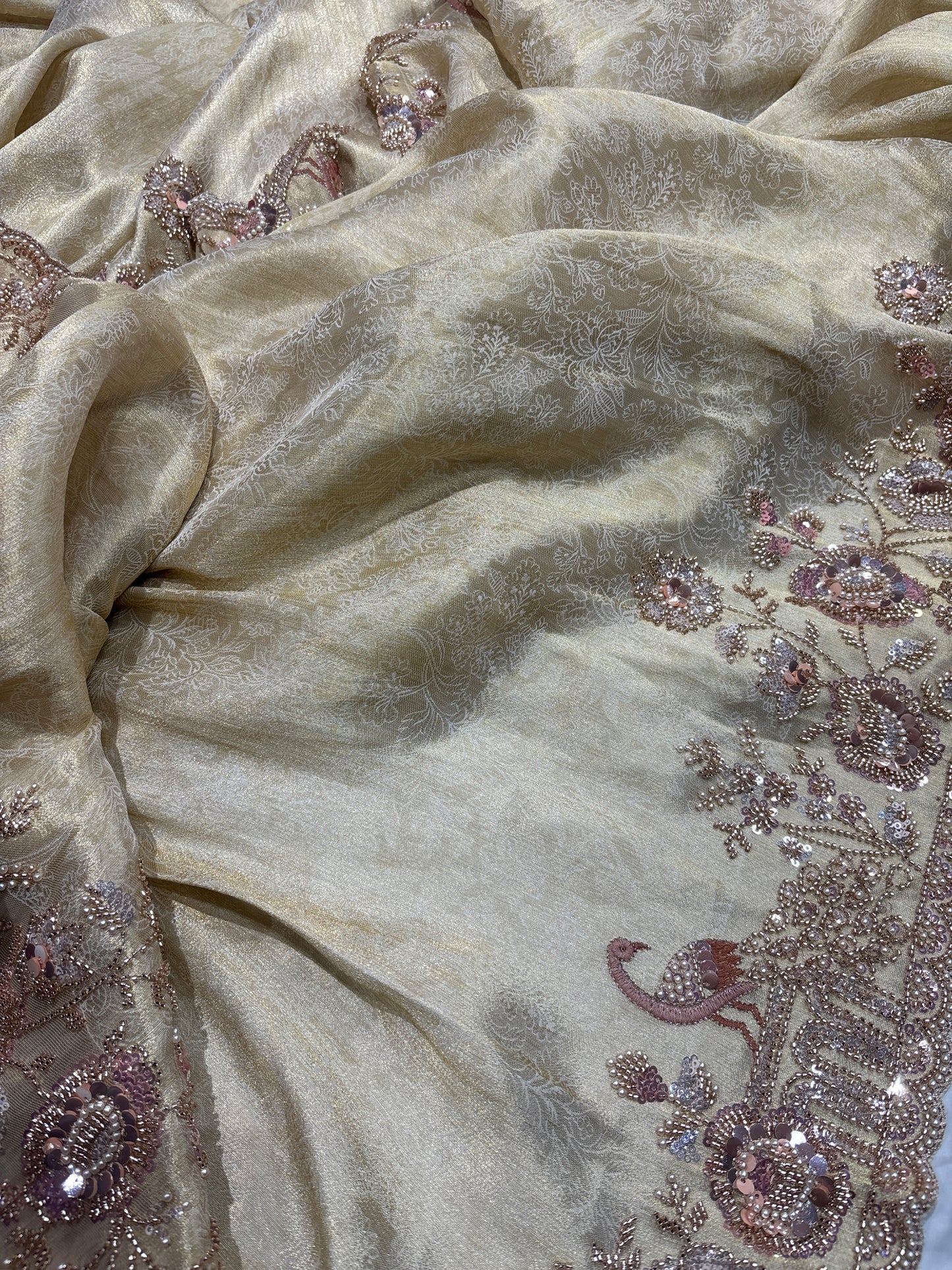 Elegant Ivory Silk Saree with Peacock & Floral Hand Embroidery