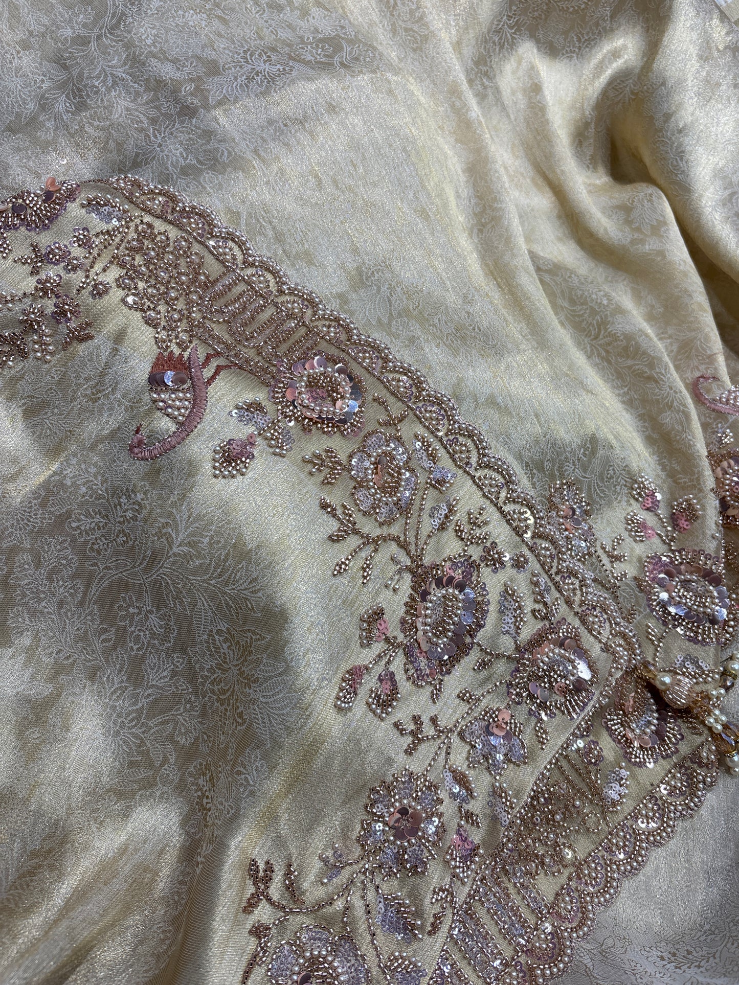 Elegant Ivory Silk Saree with Peacock & Floral Hand Embroidery