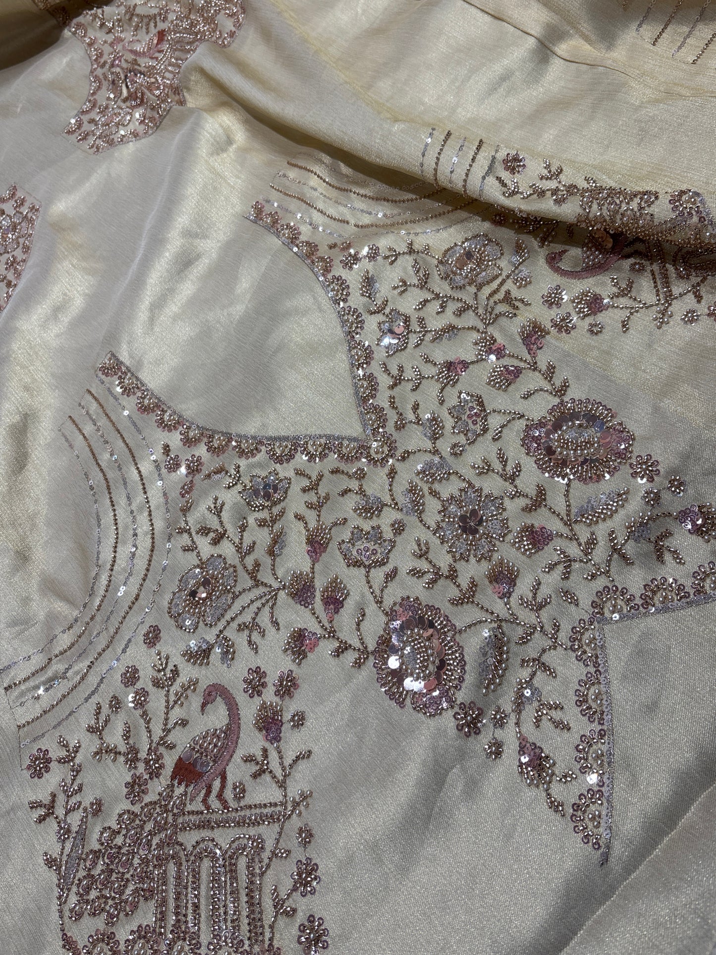 Elegant Ivory Silk Saree with Peacock & Floral Hand Embroidery