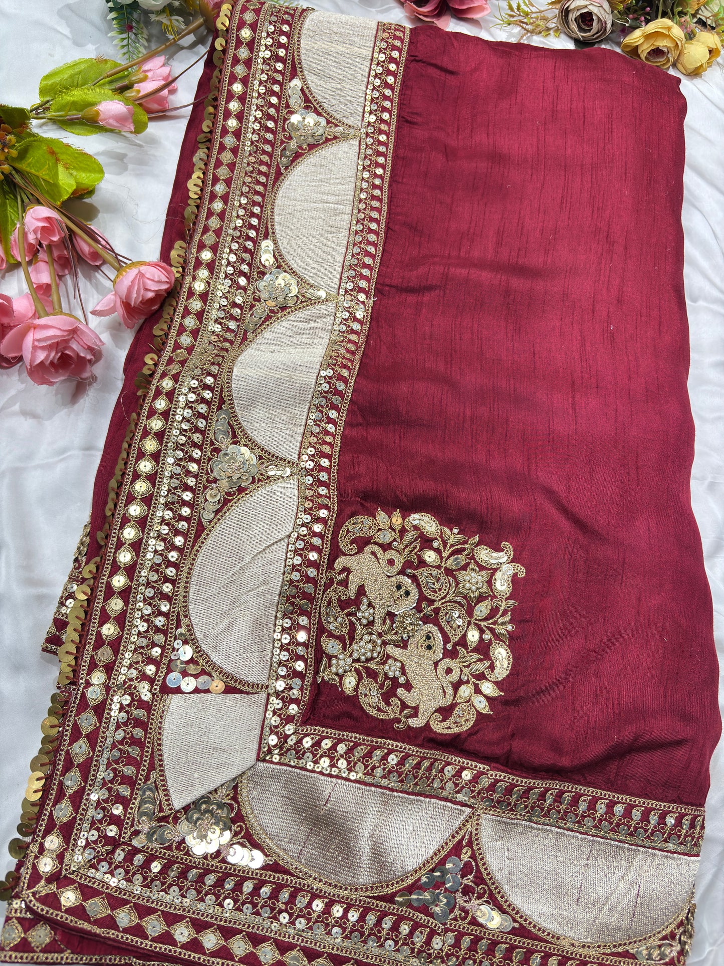 Wine Designer Saree with Sequin Embroidered Border & Floral Handwork