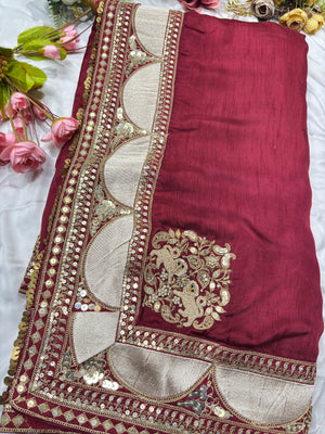 Wine Designer Saree with Sequin Embroidered Border & Floral Handwork