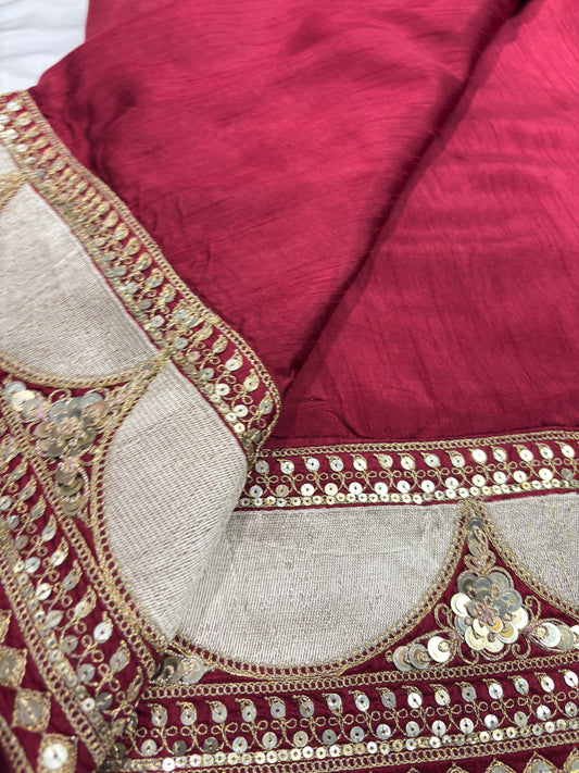 Wine Designer Saree with Sequin Embroidered Border & Floral Handwork