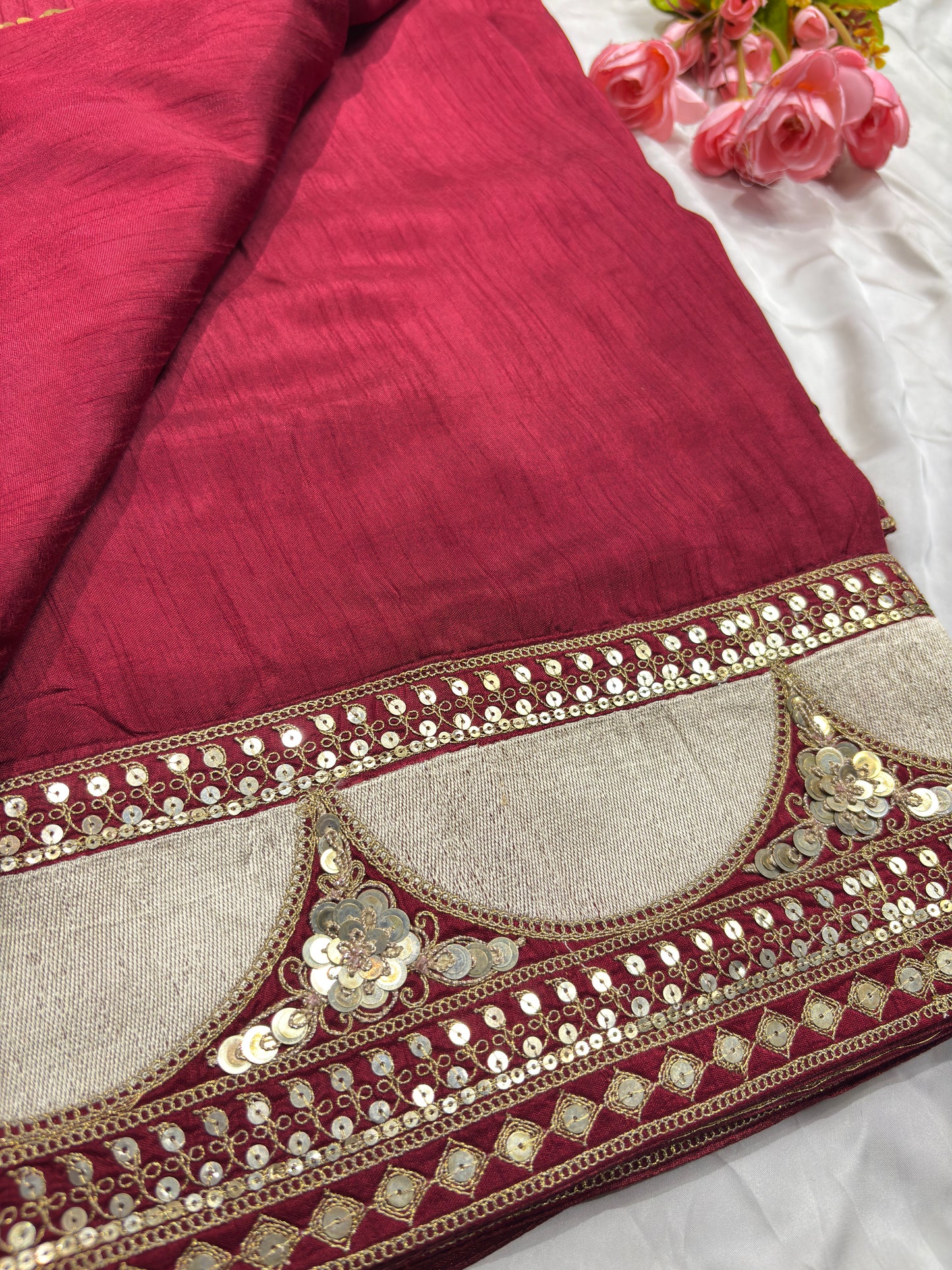 Wine Designer Saree with Sequin Embroidered Border & Floral Handwork