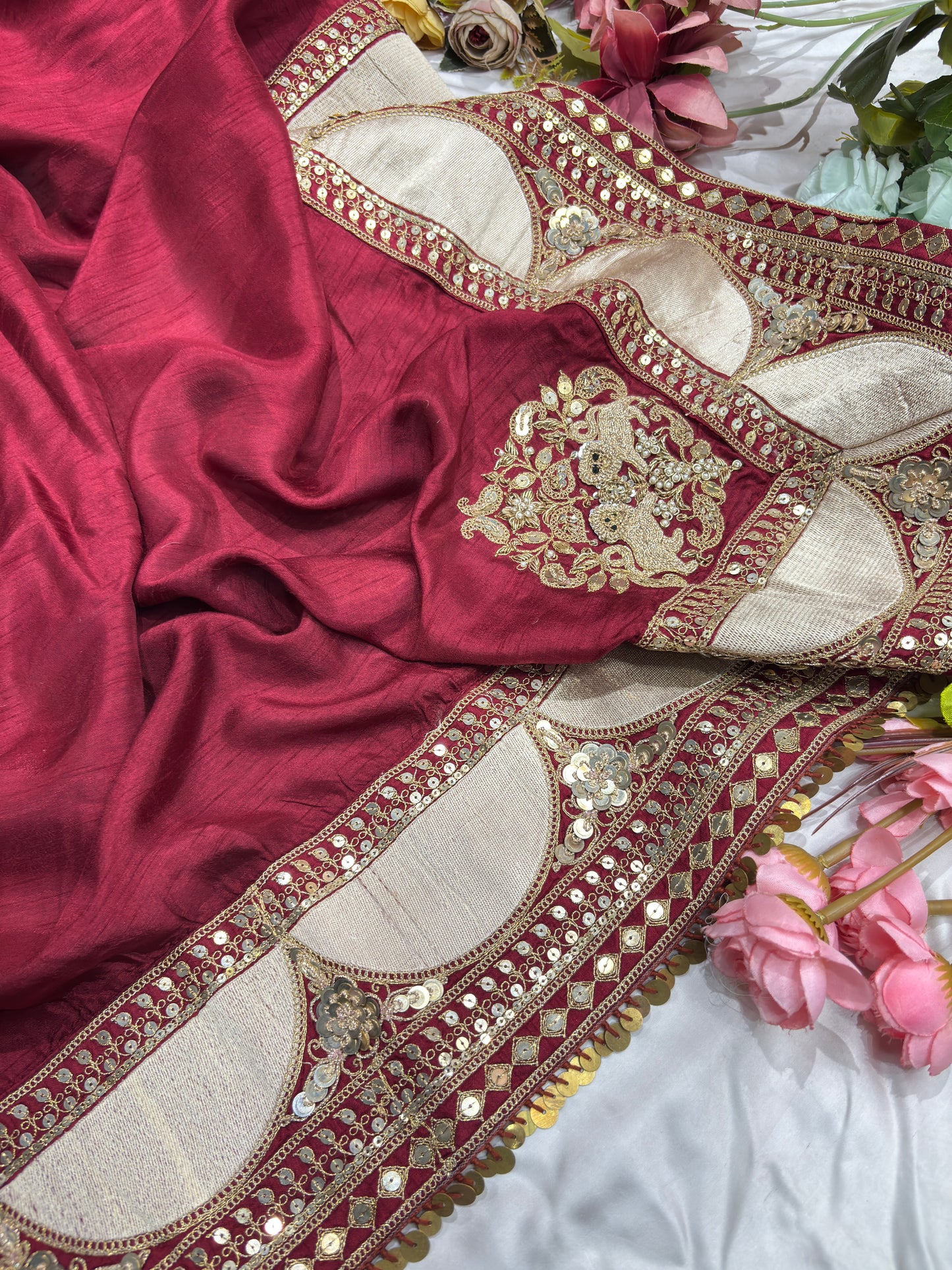 Wine Designer Saree with Sequin Embroidered Border & Floral Handwork
