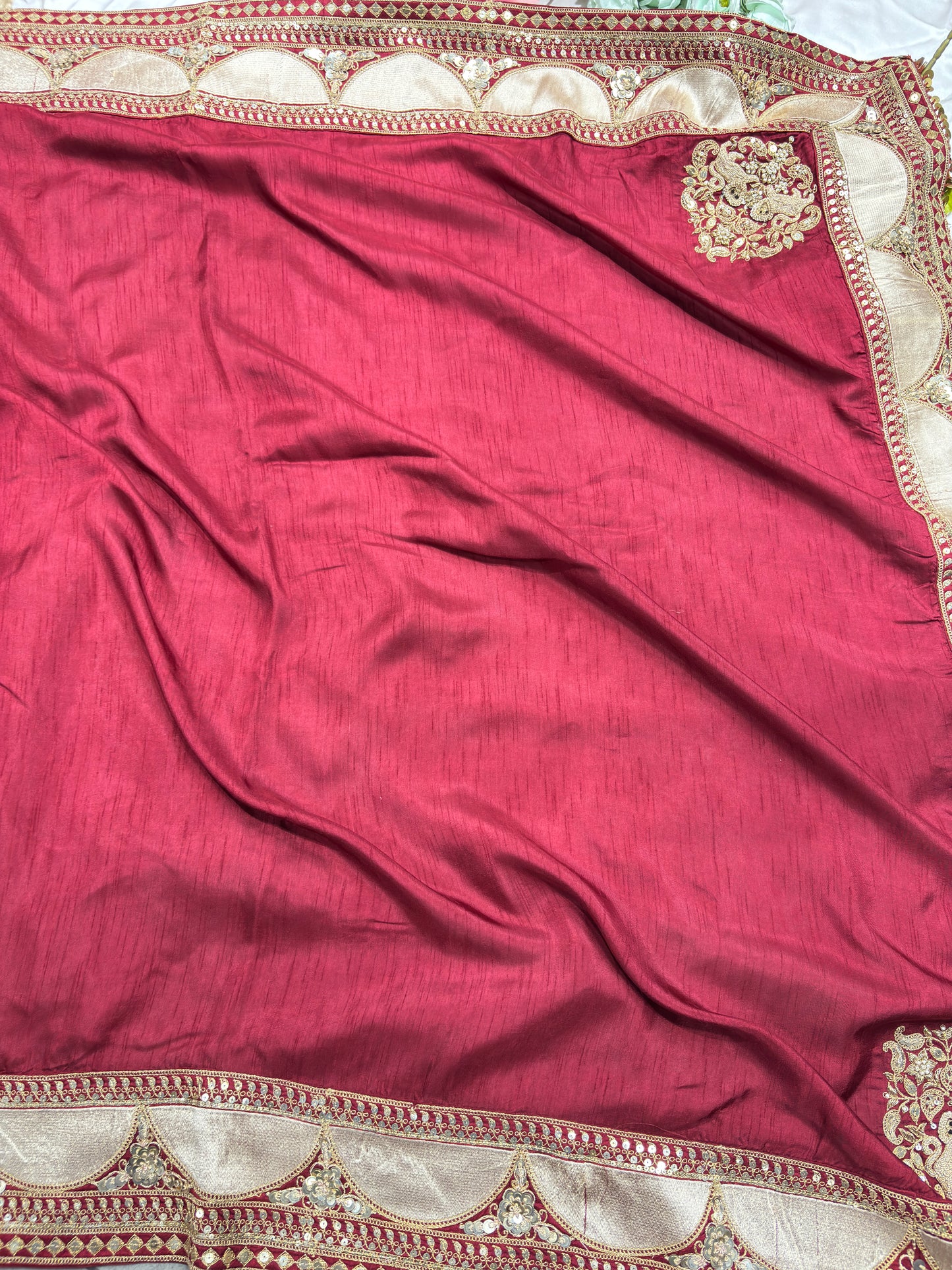 Wine Designer Saree with Sequin Embroidered Border & Floral Handwork