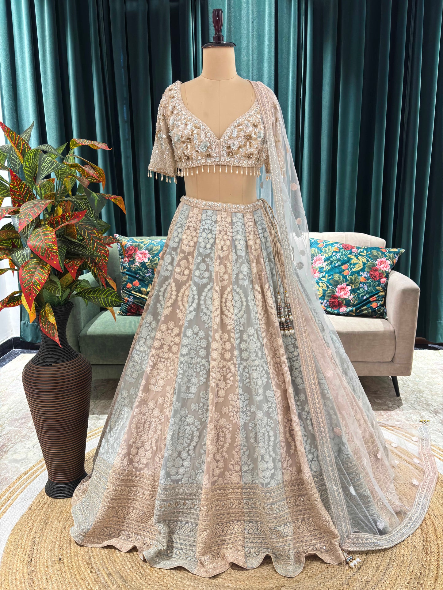 Graceful Lehenga with Sequin Adornments & Sheer Dupatta