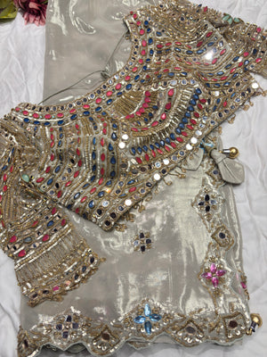 Designer Saree with Heavy Mirror & Multicolor Stone Embroidery Work