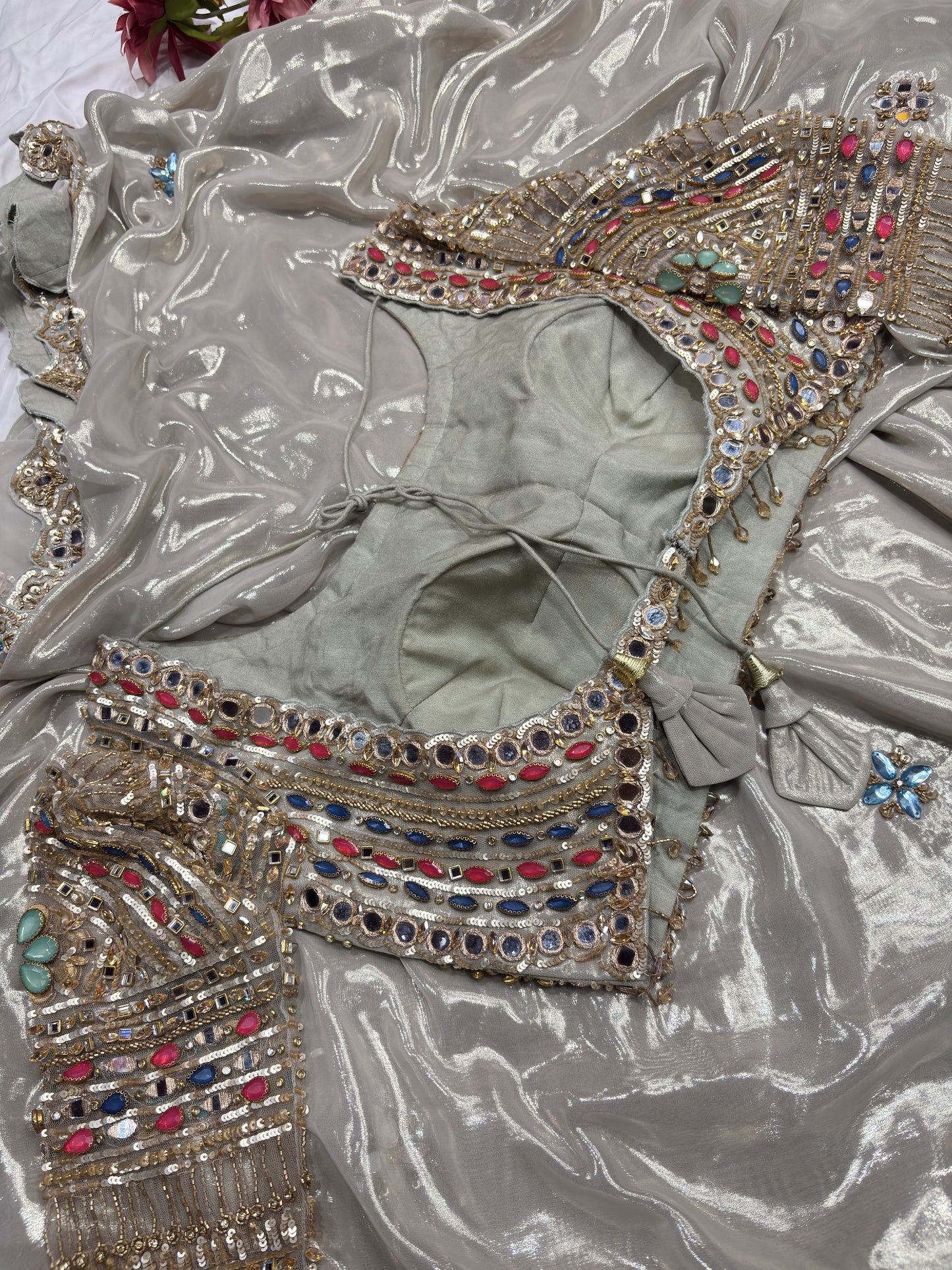Designer Saree with Heavy Mirror & Multicolor Stone Embroidery Work