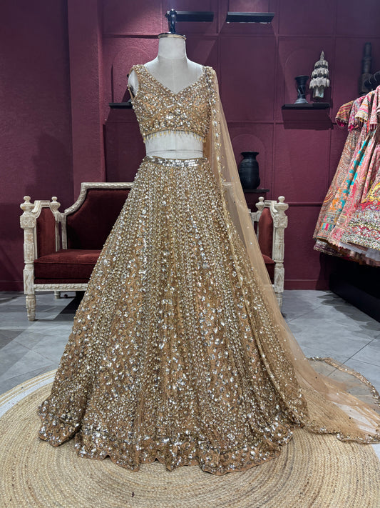 Luxury Champagne Gold Lehenga with Heavy Sequin Embroidery