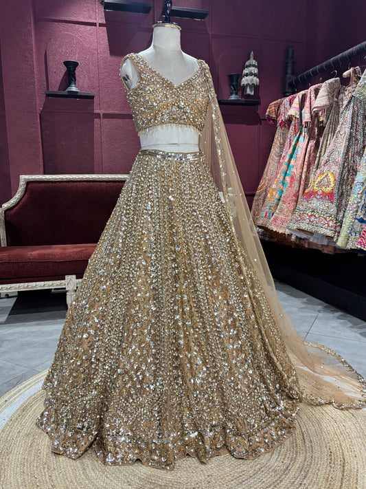 Luxury Champagne Gold Lehenga with Heavy Sequin Embroidery
