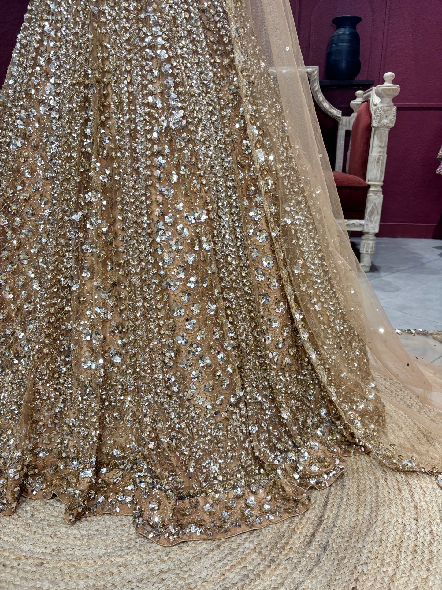 Luxury Champagne Gold Lehenga with Heavy Sequin Embroidery