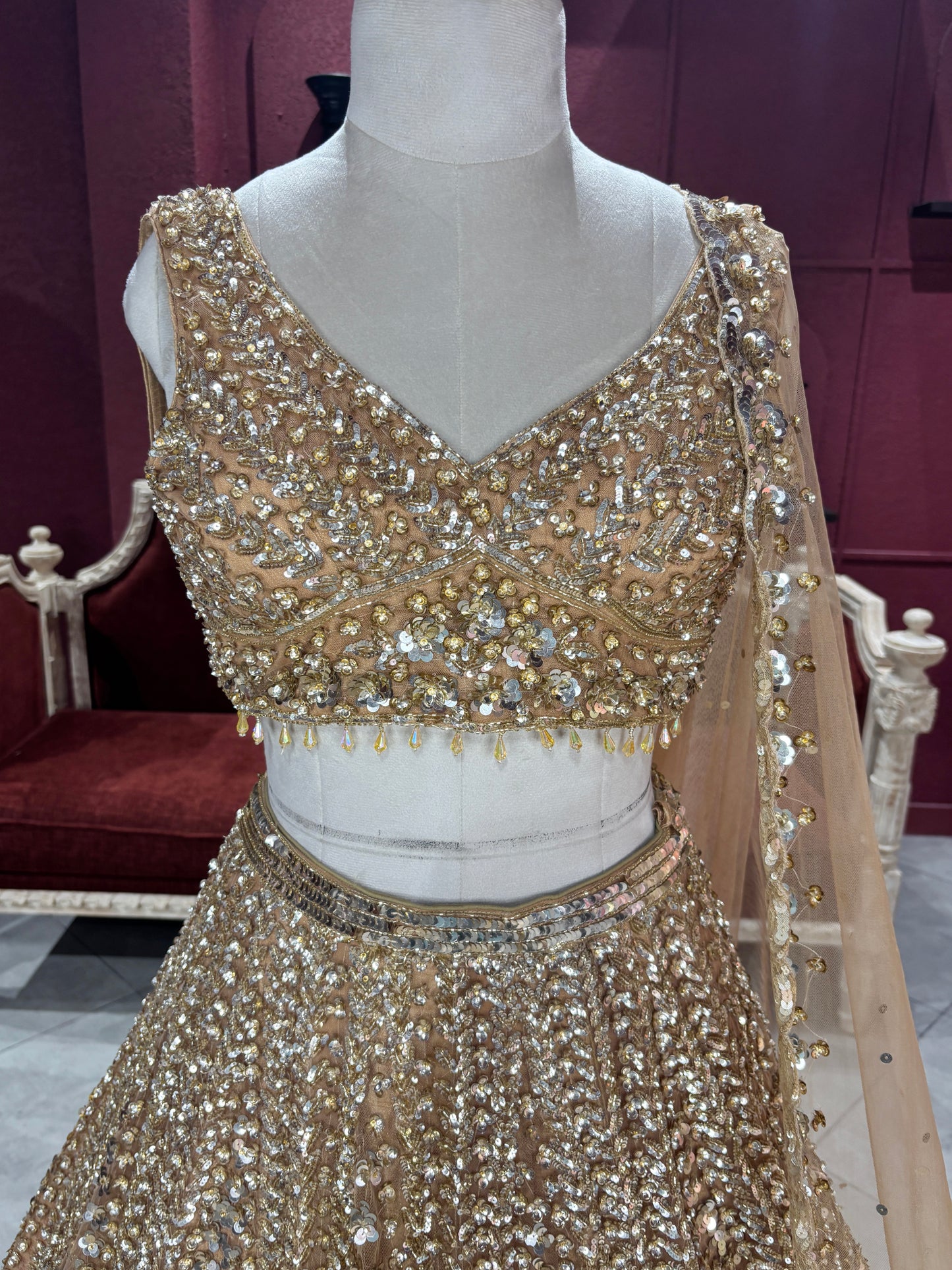 Luxury Champagne Gold Lehenga with Heavy Sequin Embroidery