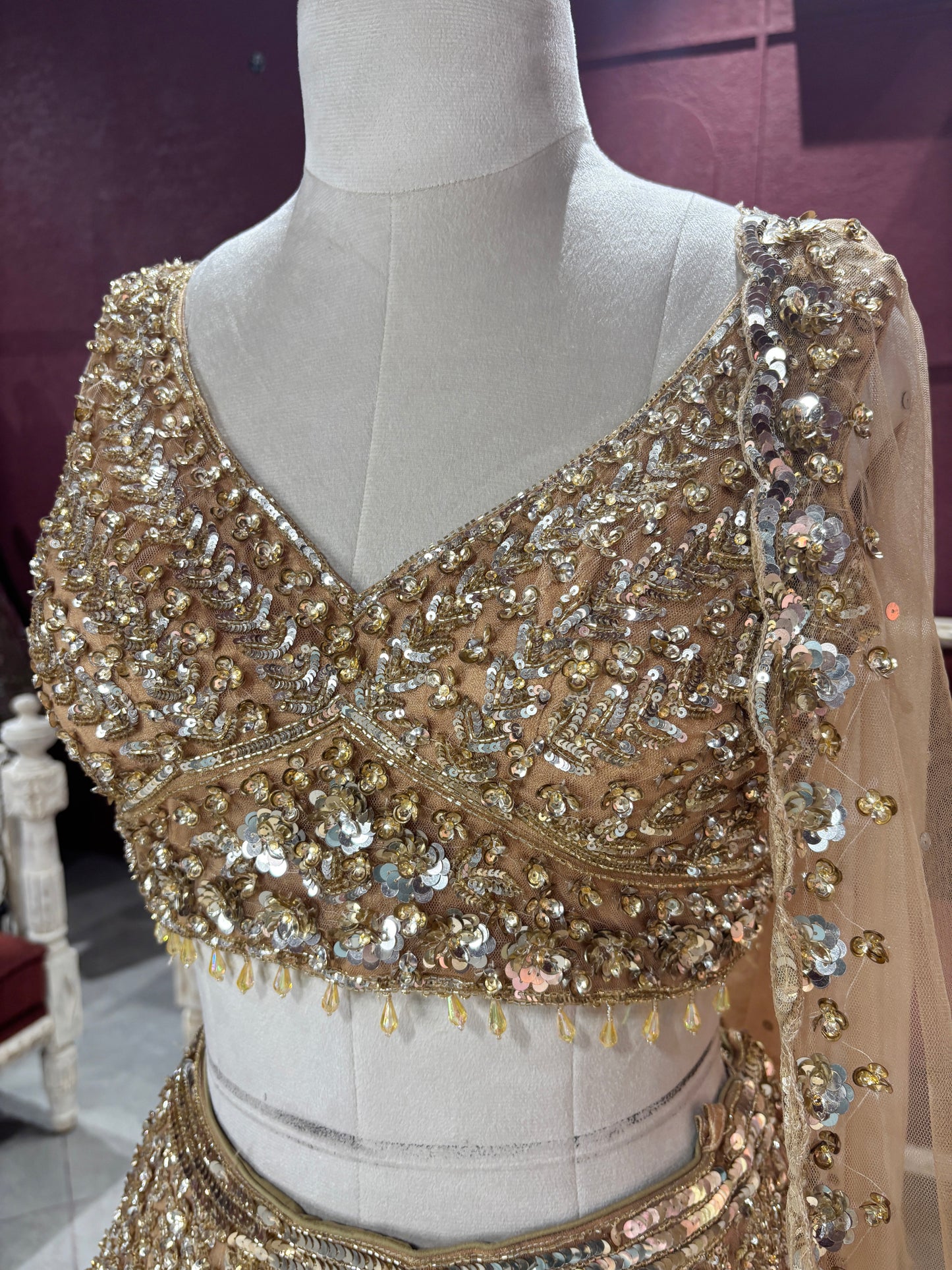 Luxury Champagne Gold Lehenga with Heavy Sequin Embroidery