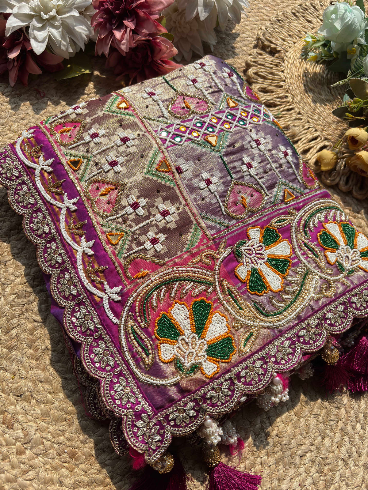 Designer Patola Saree with Heavy Multicolor Floral Embroidery