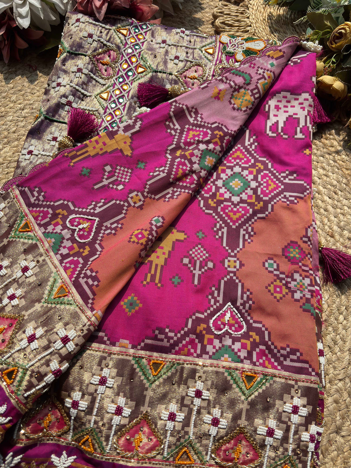 Designer Patola Saree with Heavy Multicolor Floral Embroidery