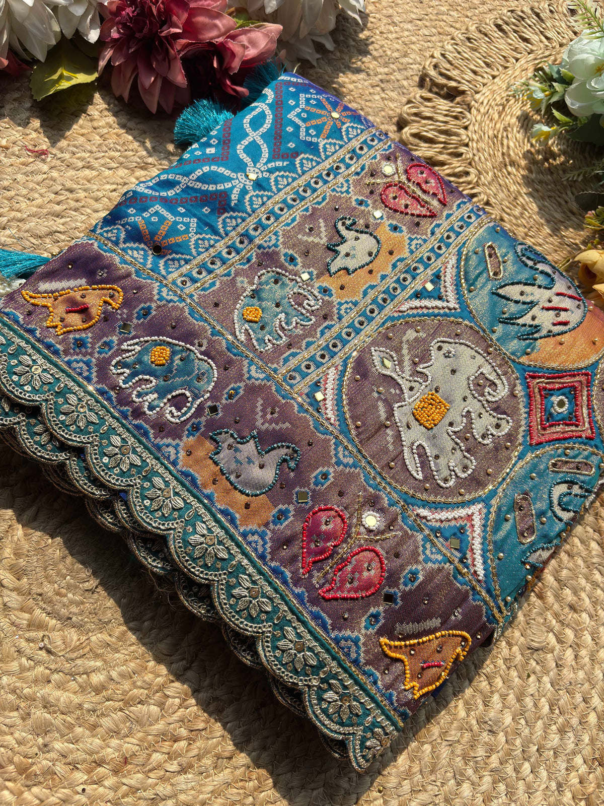 Royal Teal Blue Designer Saree with Multicolor Paisley Embroidery Work