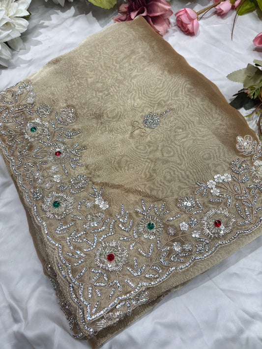 Luxury Golden Saree with Heavy Hand Embroidery Border