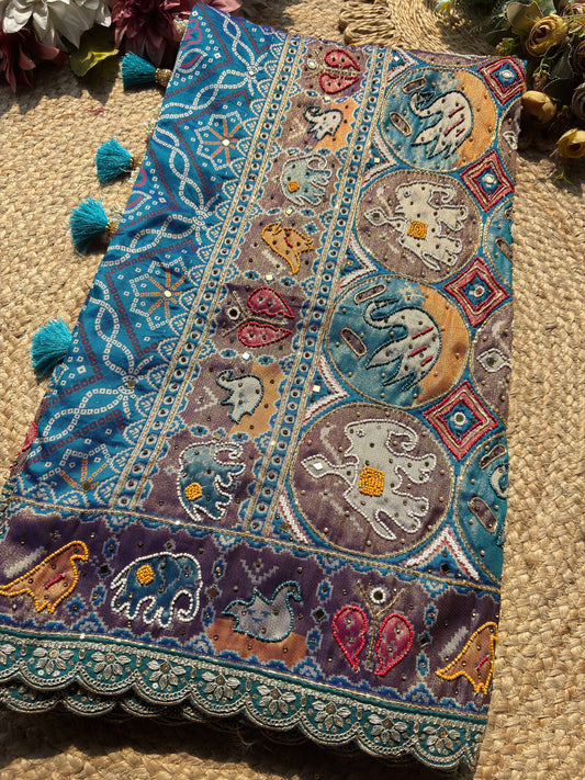 Royal Teal Blue Designer Saree with Multicolor Paisley Embroidery Work