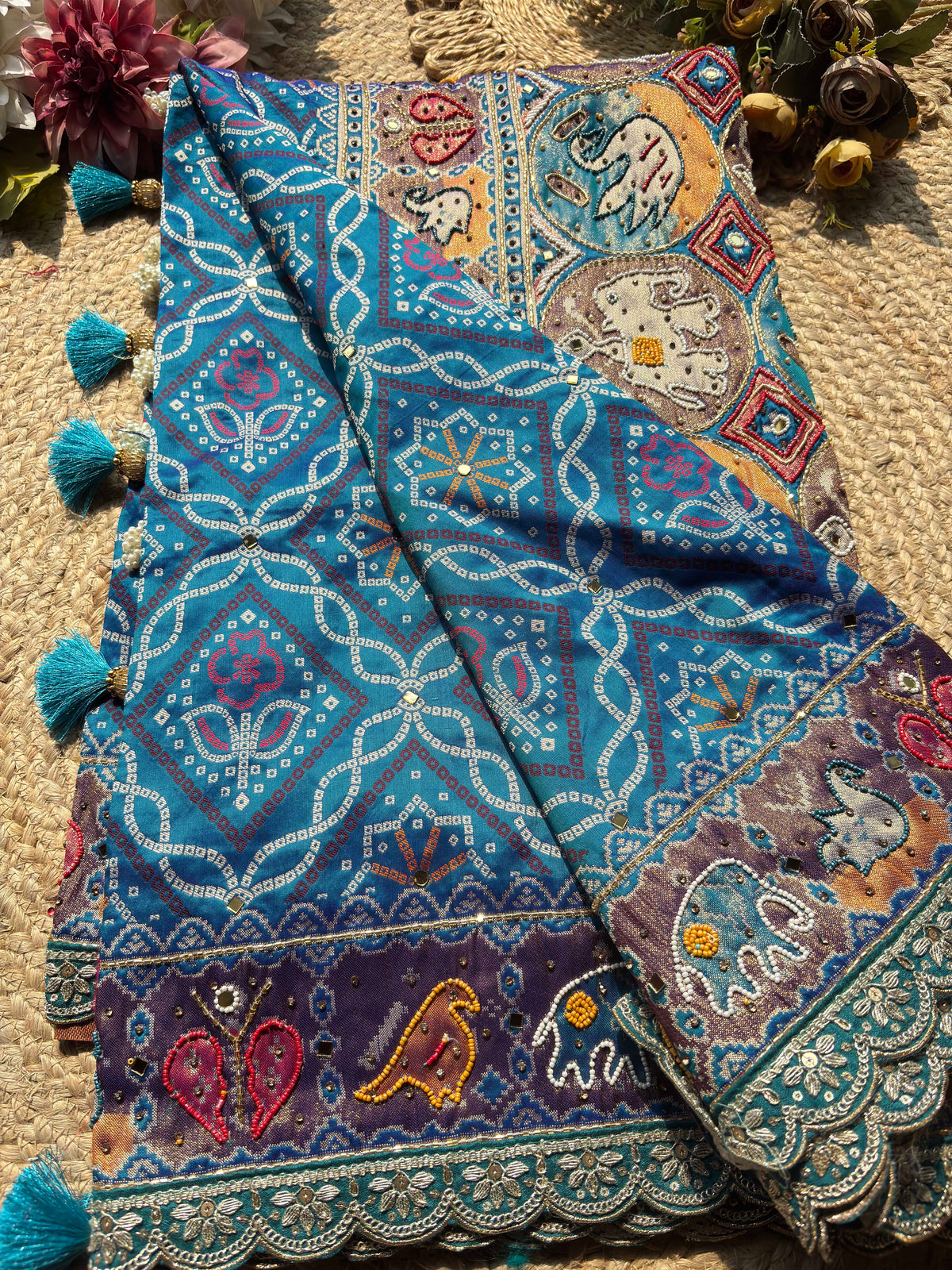 Royal Teal Blue Designer Saree with Multicolor Paisley Embroidery Work