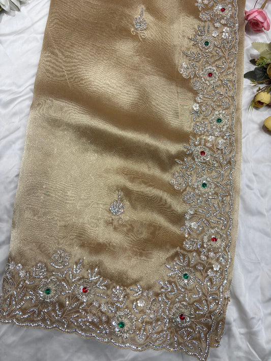 Luxury Golden Saree with Heavy Hand Embroidery Border