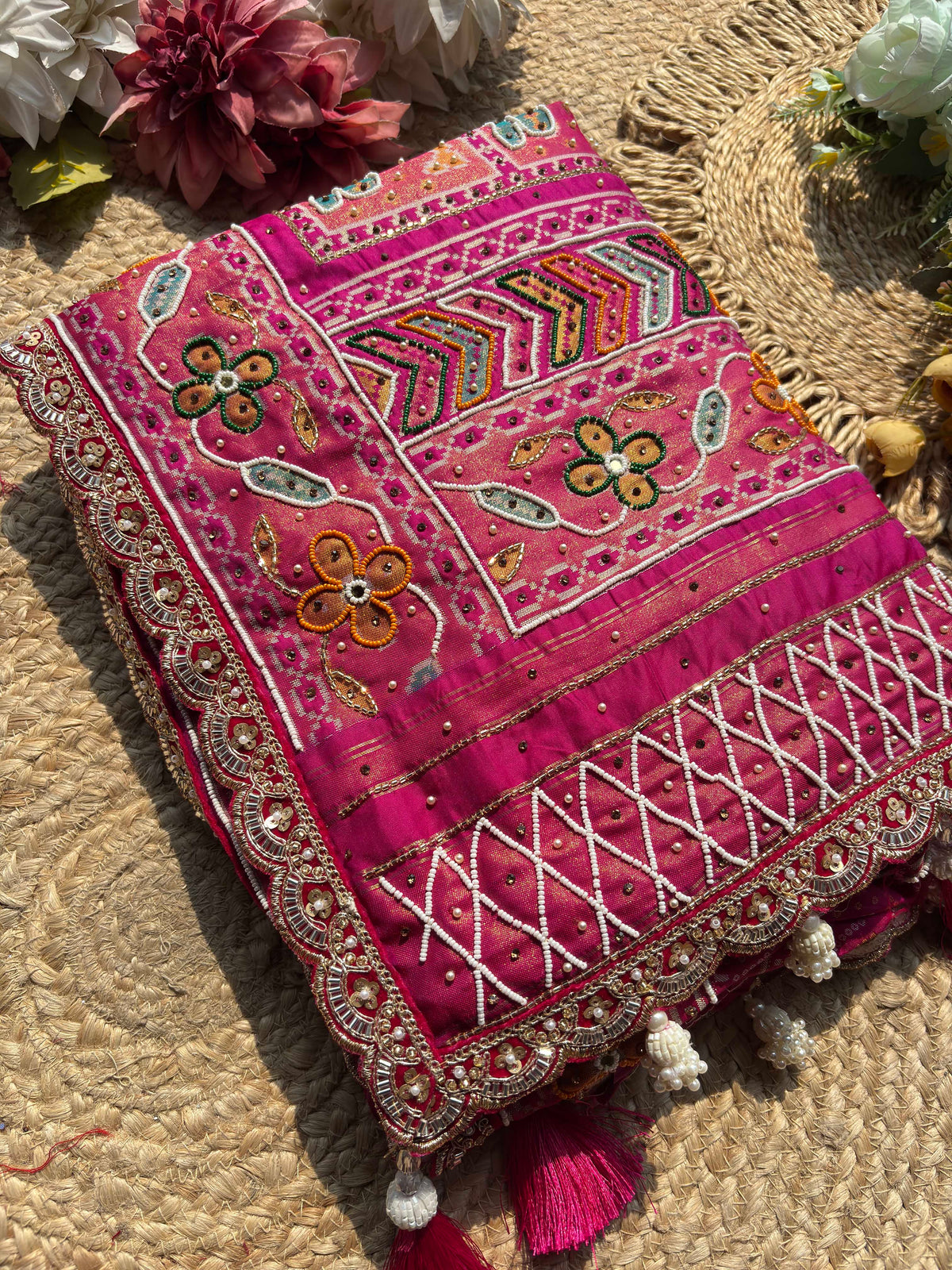 Royal Rani Pink Designer Saree with Floral Embroidery Work