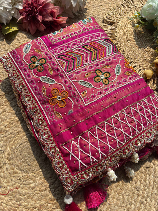 Royal Rani Pink Designer Saree with Floral Embroidery Work