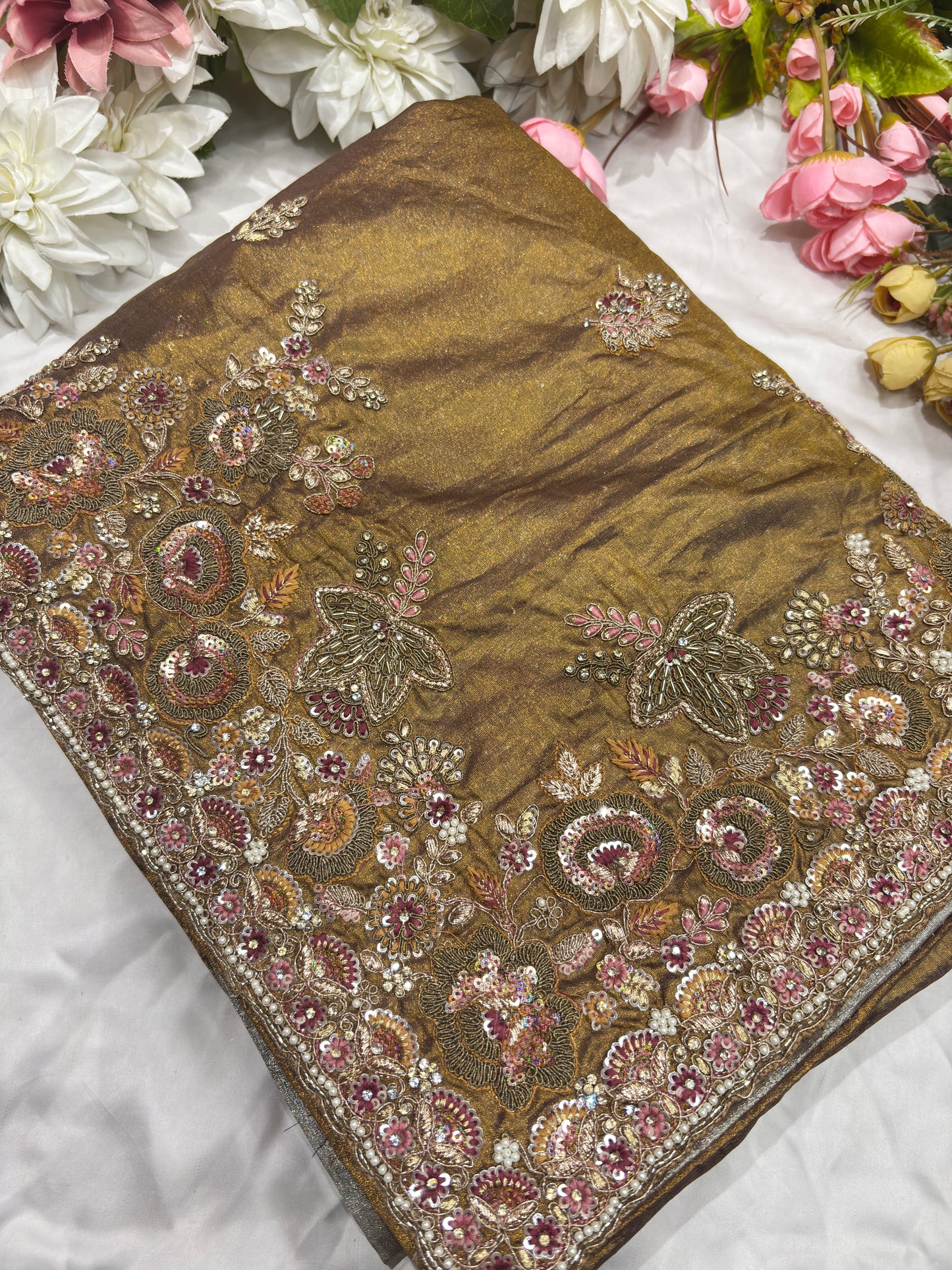 Luxury Antique Gold Saree with Heavy Floral Butterfly Embroidery