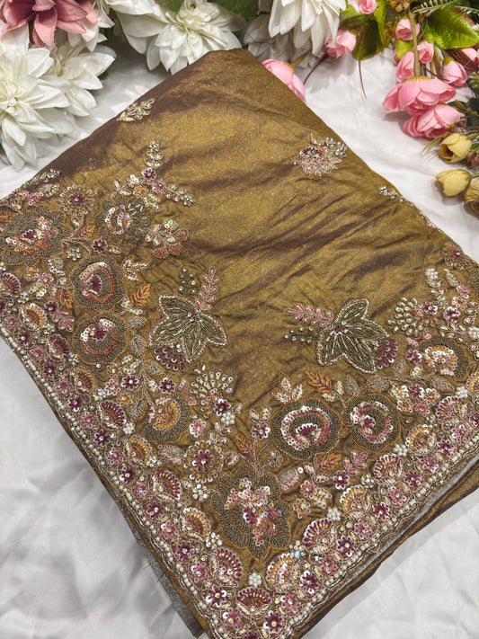 Luxury Antique Gold Saree with Heavy Floral Butterfly Embroidery