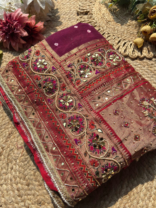 Royal Wine Maroon Designer Saree with Rich Golden Zari Border, Floral Mirror Work, Pearl Beadwork and Traditional Embroidery