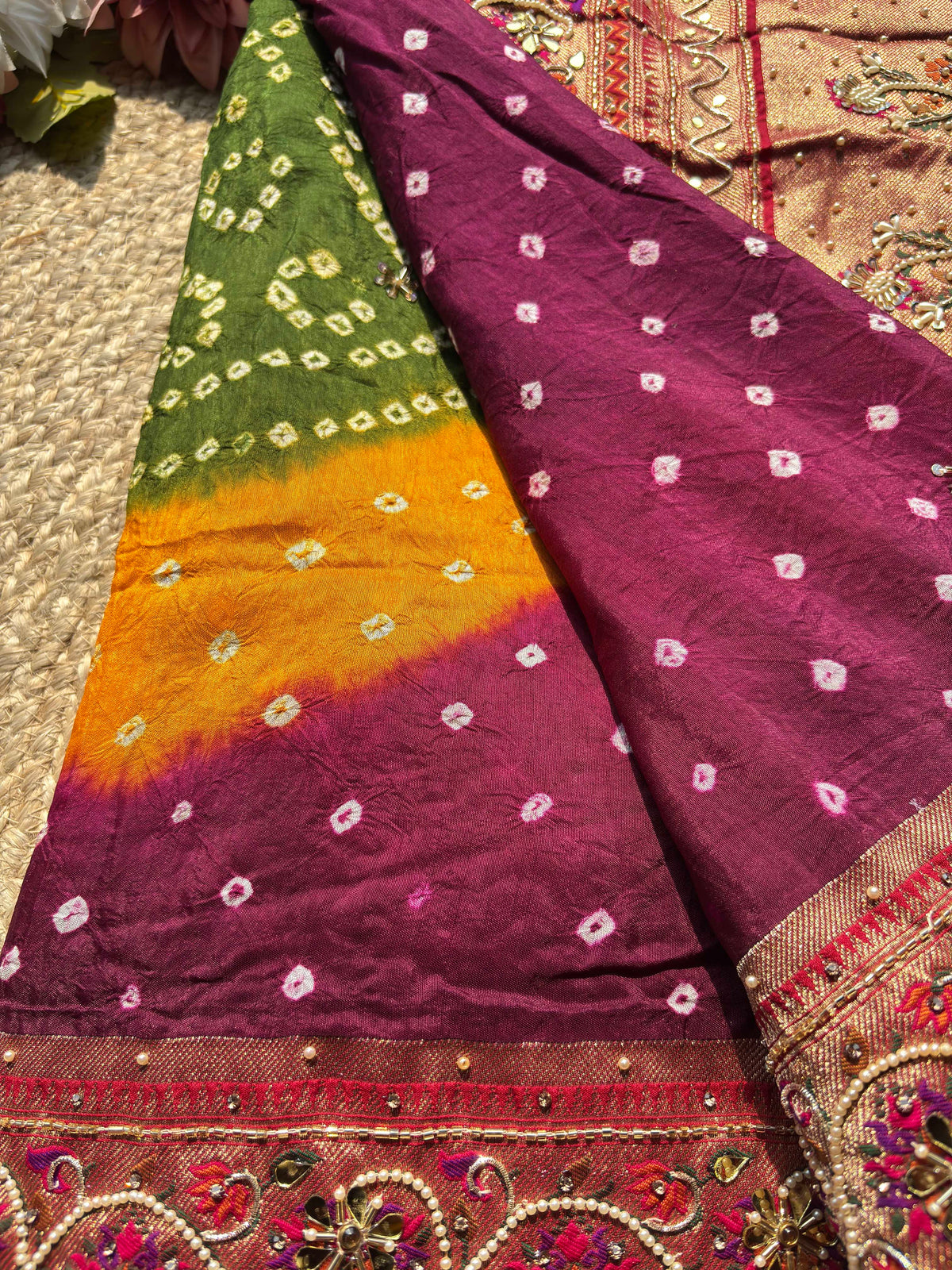 Royal Wine Maroon Designer Saree with Rich Golden Zari Border, Floral Mirror Work, Pearl Beadwork and Traditional Embroidery