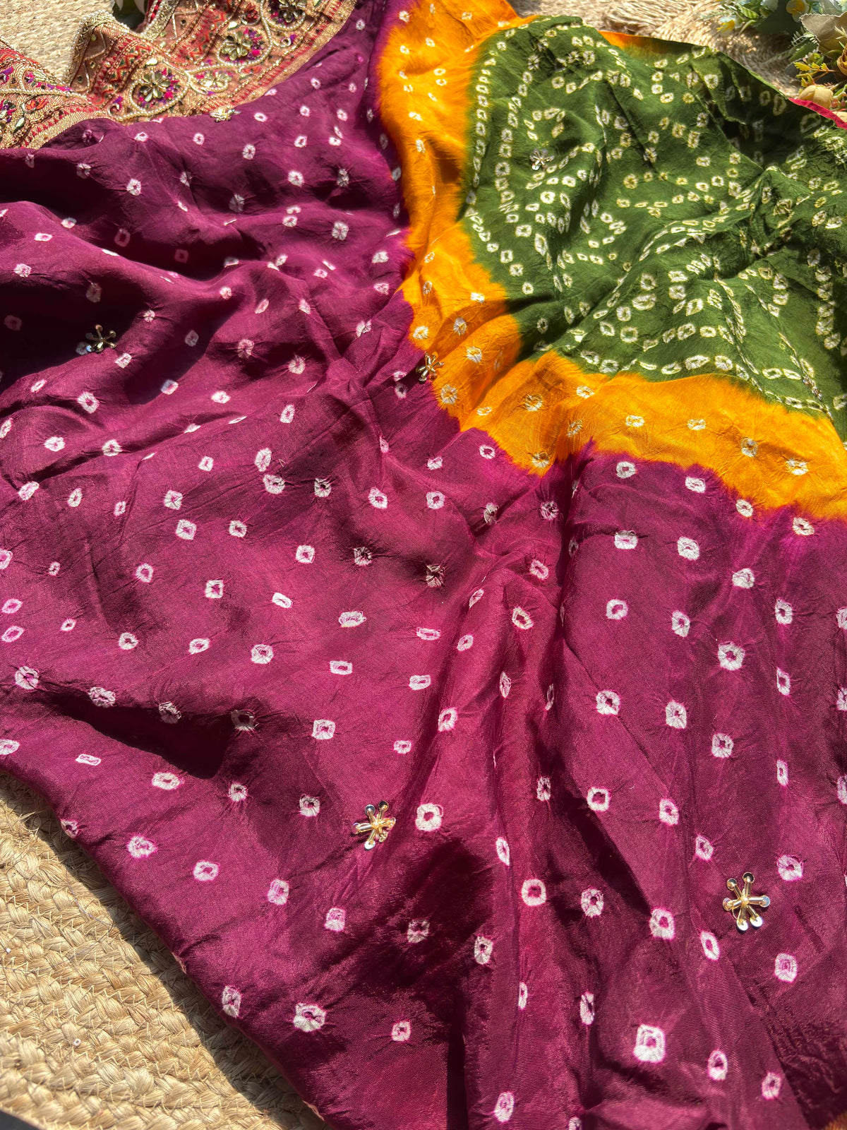 Royal Wine Maroon Designer Saree with Rich Golden Zari Border, Floral Mirror Work, Pearl Beadwork and Traditional Embroidery