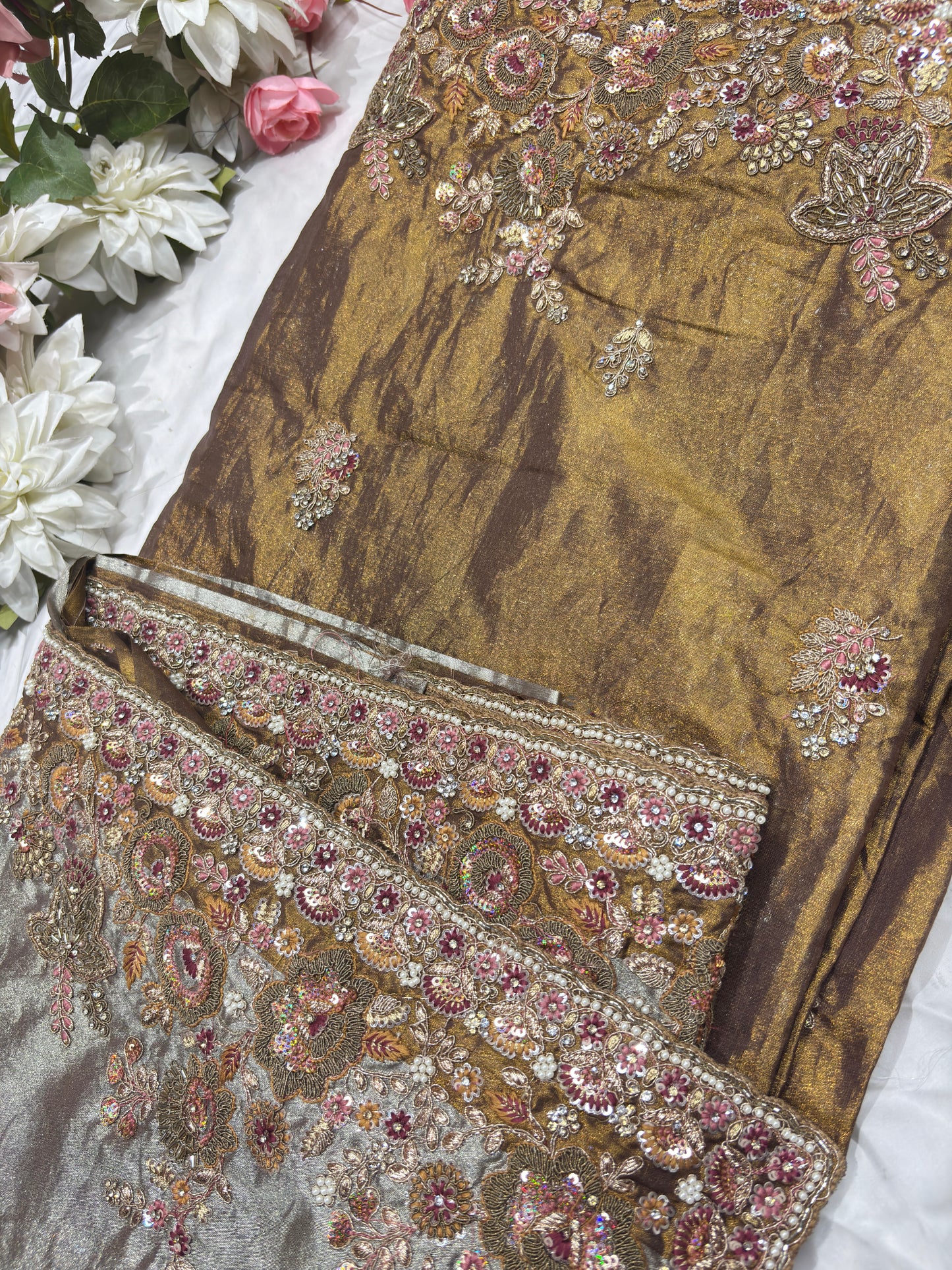 Luxury Antique Gold Saree with Heavy Floral Butterfly Embroidery