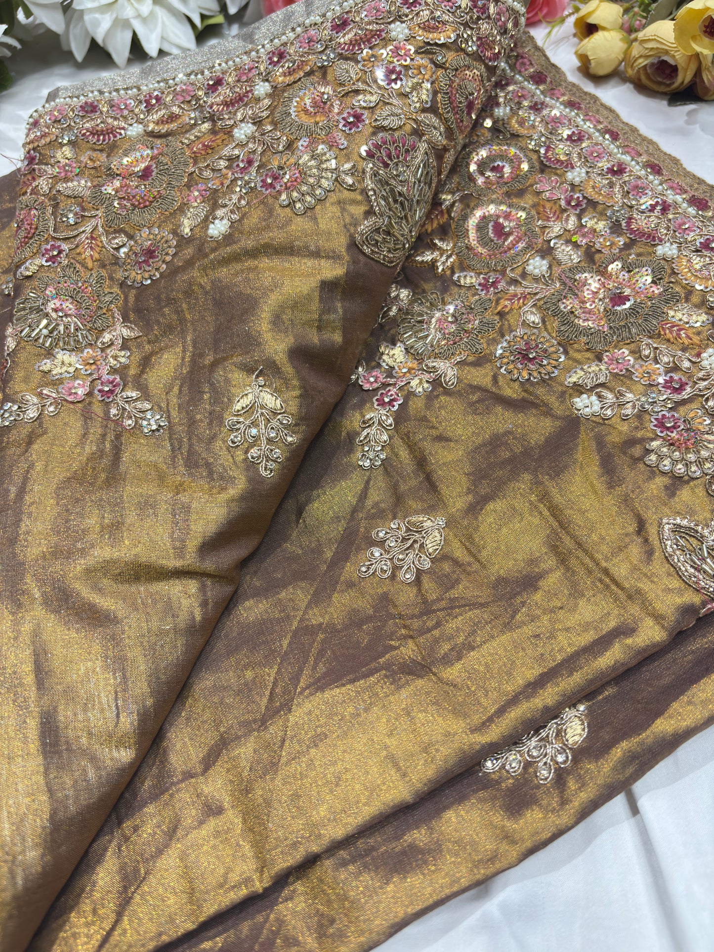 Luxury Antique Gold Saree with Heavy Floral Butterfly Embroidery