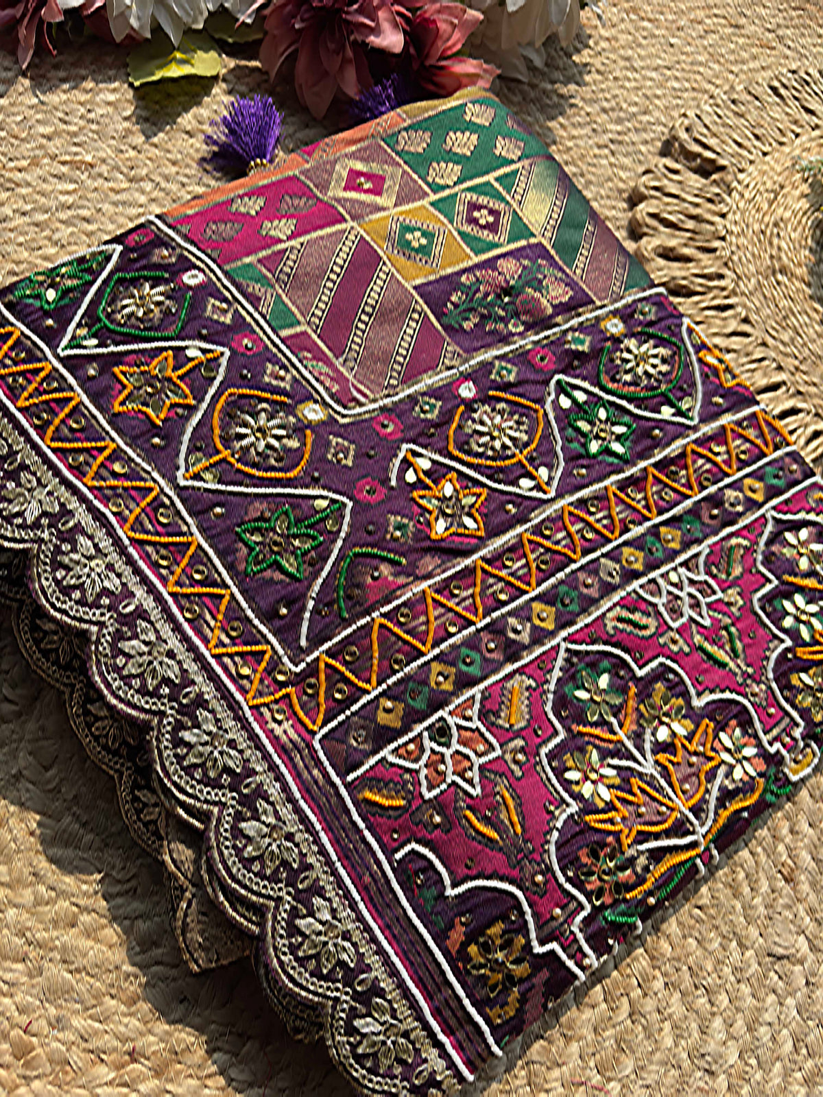 Royal Purple Multicolour Patola-Inspired Designer Saree with Floral Embroidery, Mirror Work, Geometric Motifs and Scalloped Lace Border