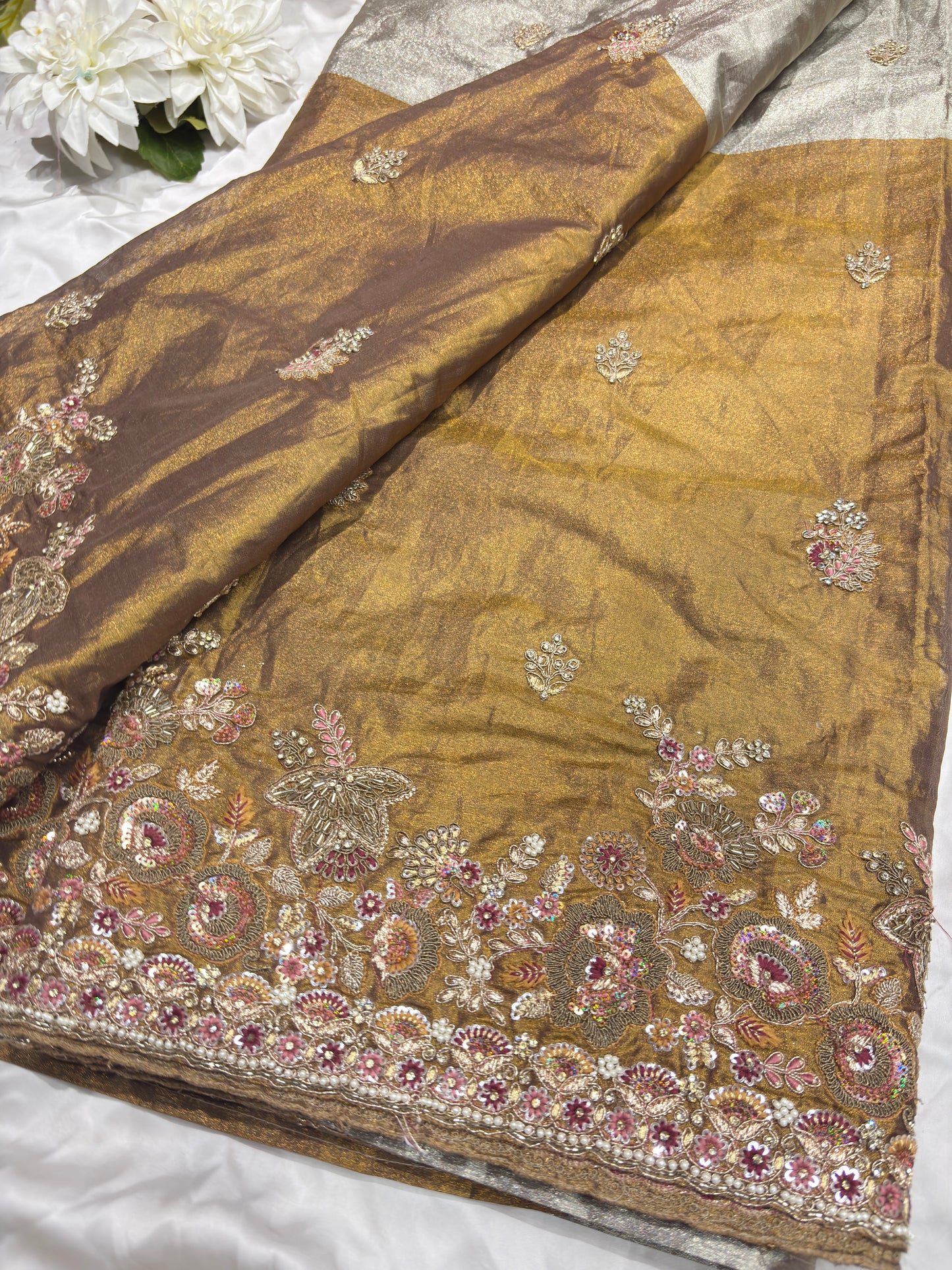 Luxury Antique Gold Saree with Heavy Floral Butterfly Embroidery